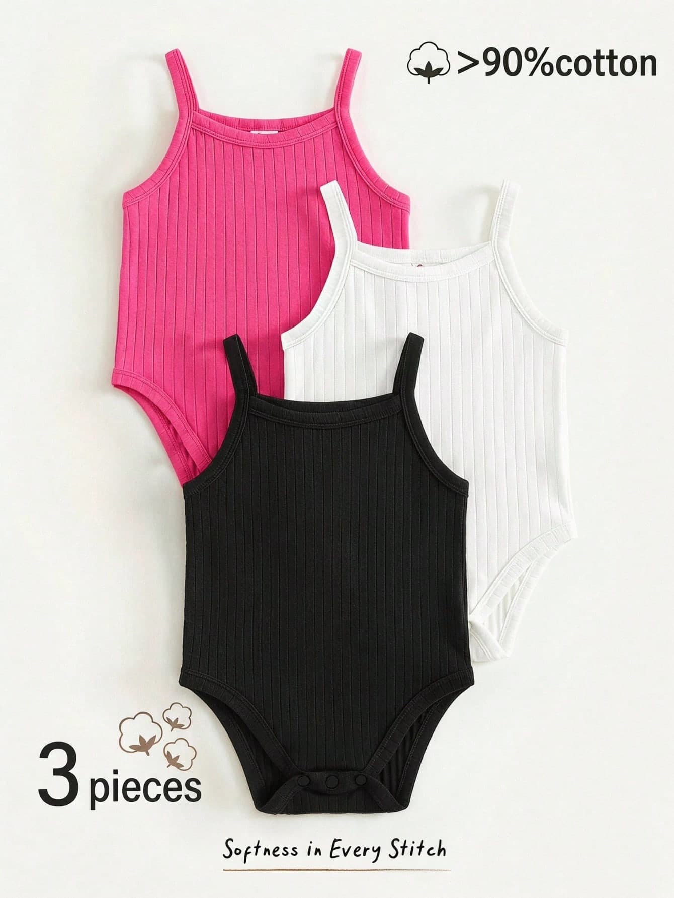 Cozy Pixies Baby Girl Knitted Soft Solid Color Camisole Camisole 3 Pieces Set Black Pink White Jumpsuit Summer  Comfy Versatile Cute