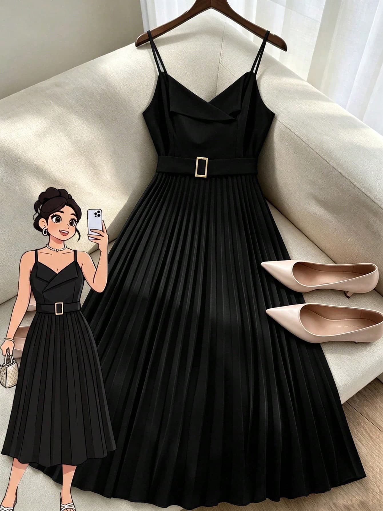 GlowEve CURVE Plus Size Women's Solid Color Pleated Hem Elegant Cami Dress
