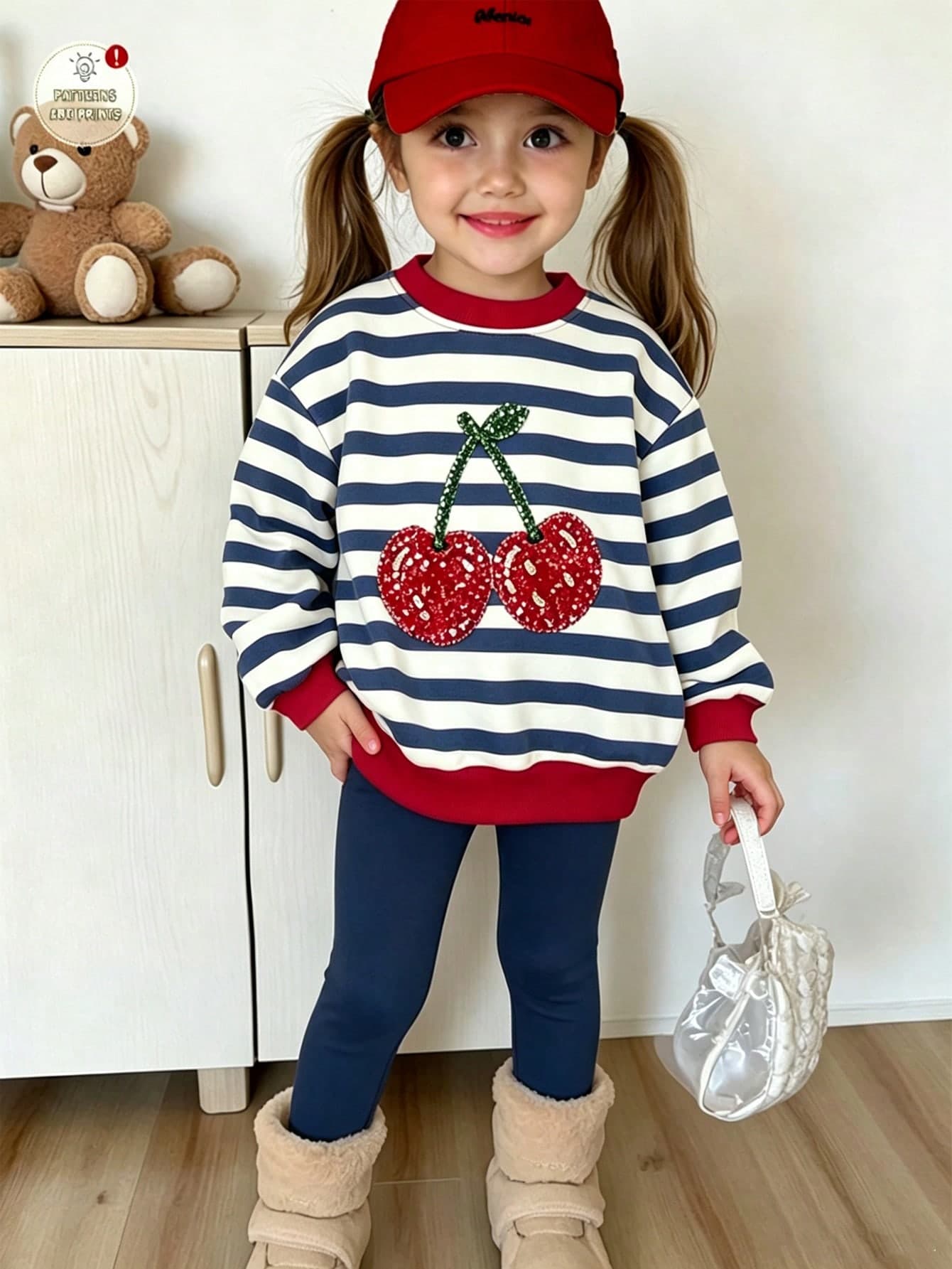 2pcs Young Girl Casual Fashion Striped Cute Fruit Cherry Print Crew Neck Pullover Sweatshirt And Matching Slim Fit Long Pants Set, Suitable For Autumn/Winter
