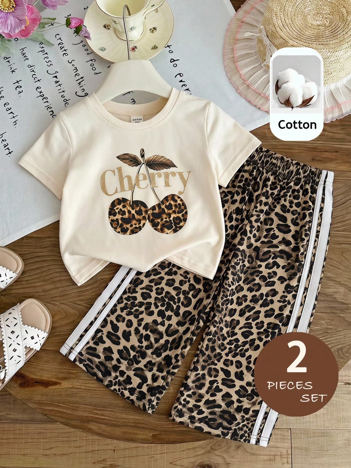 SHEIN LMoss Kids Baby Girl Knit Solid Color Leopard Print Cherry Pattern Crew Neck T-Shirt And Woven Loose Leopard Print Long Pants 2-Piece Set