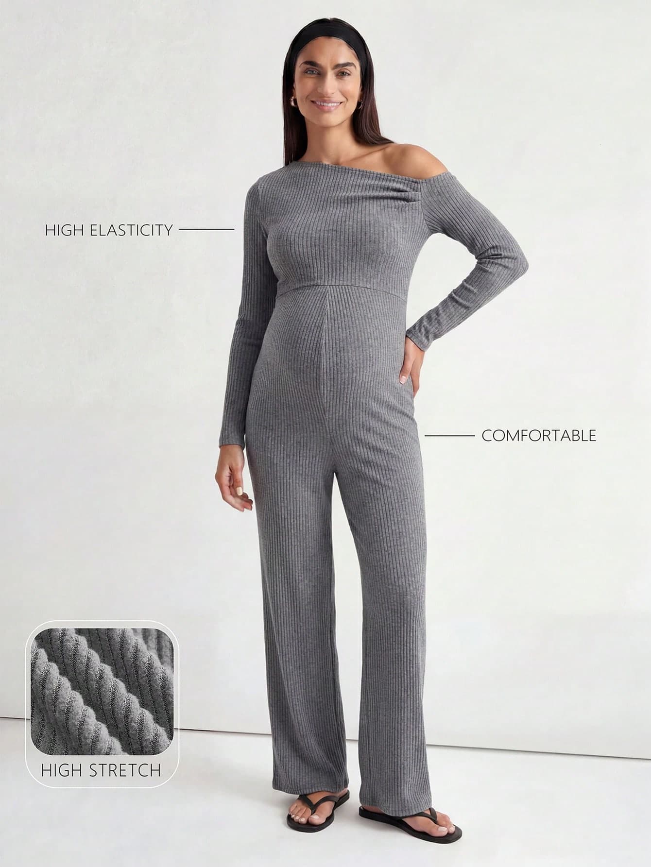 Modmama Maternity Casual Solid Color Asymmetric Neck Jumpsuit