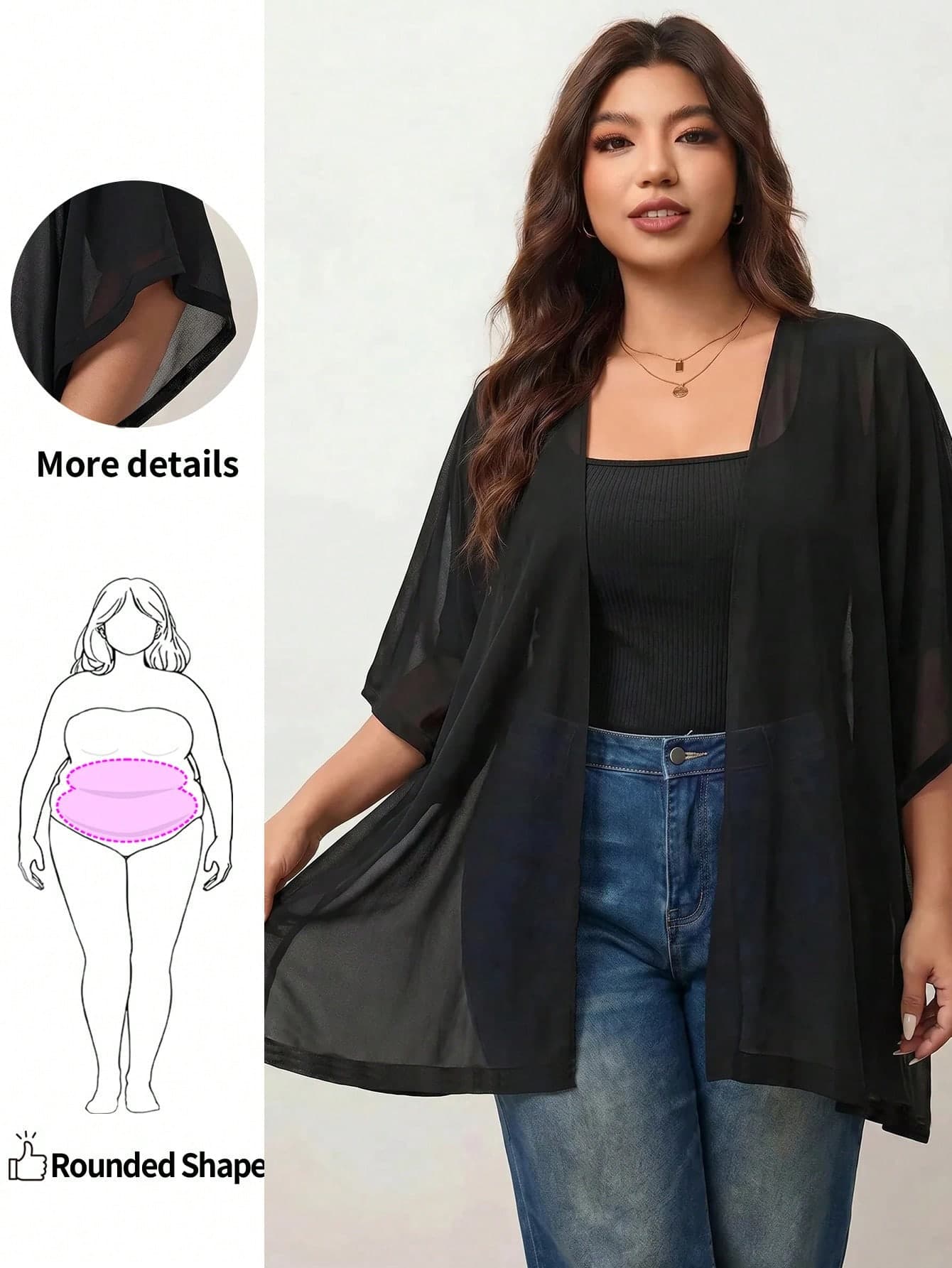 Enliva Plus-Size Summer Loose-Fitting Sheer Kimono Jacket, Vacation Cover-Up Cape Coat, For Apple And Rounded Body Shape Fall