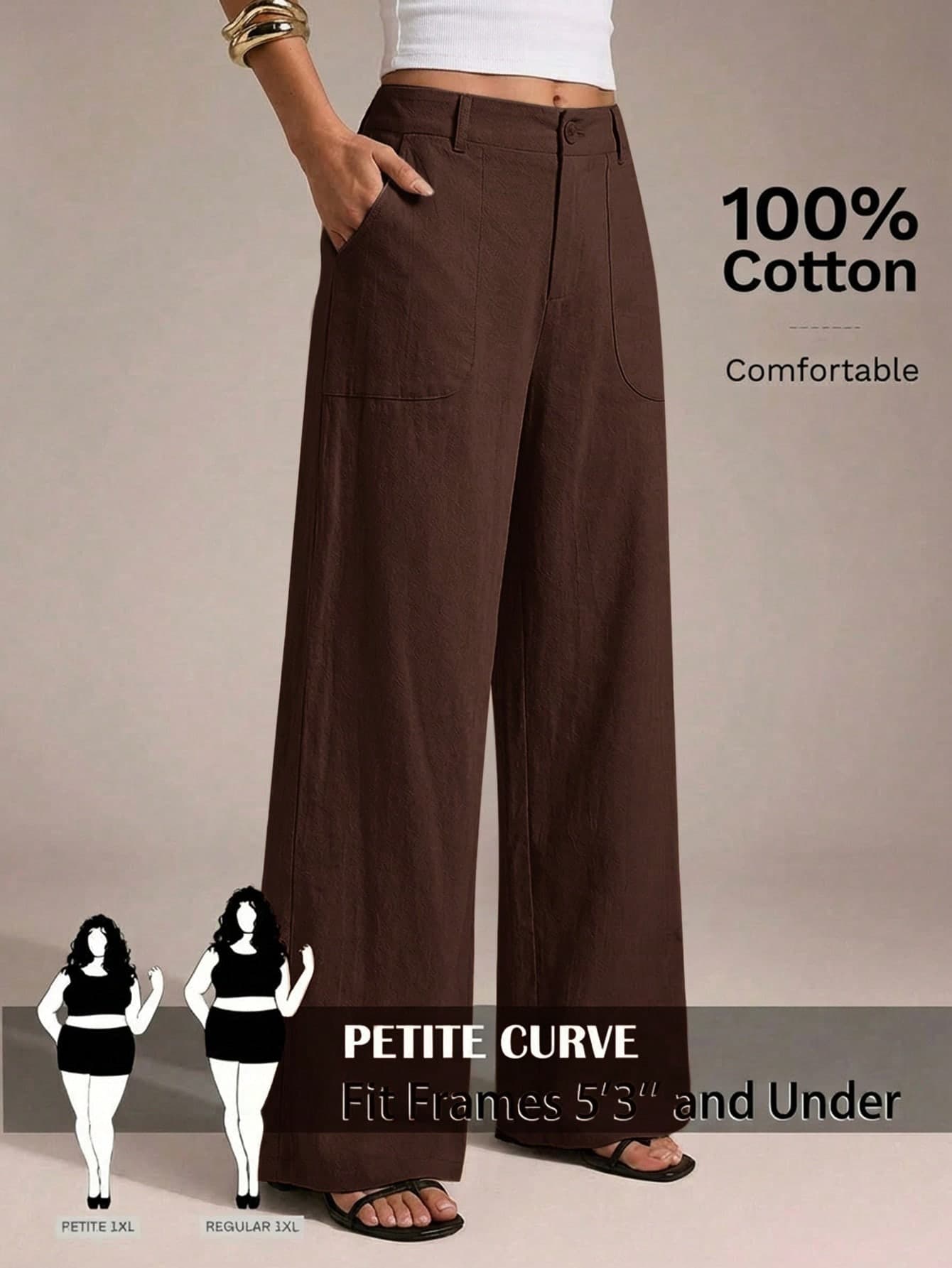 SHEIN PETITE CURVE Plus Size Women Solid Color Pocket Wide Leg Loose Casual Long Pants Formal Vacation Chocolate Brown Summer