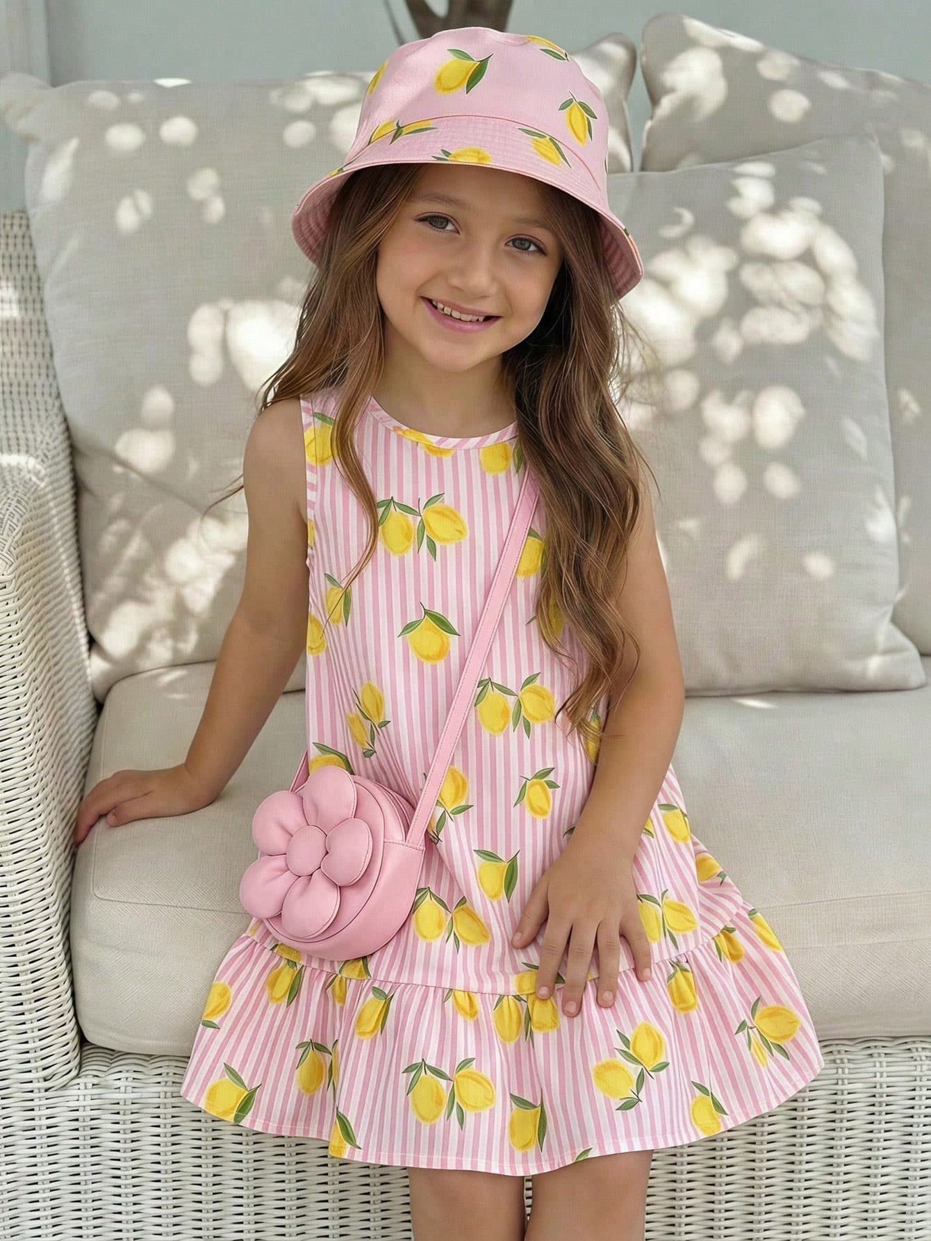 Emery Rose Kids Emery Rose Kids Young Girl Young Girls Striped Lemon Print Round Neck Sleeveless Dress