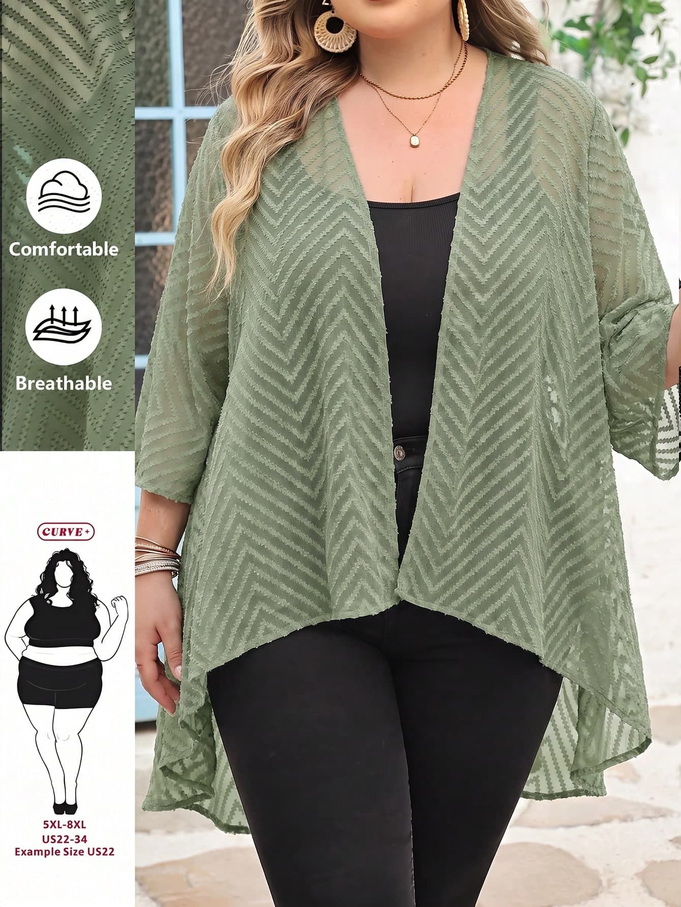 SHEIN CURVE+ Plus Size Women's Solid Color Striped Casual Loose Hollow Out Jacket Black Kimono Black Sheer Cover Up, Autumn Women's Plus Size Cover Up, Women's Autumn Outfit, Fashion Autumn