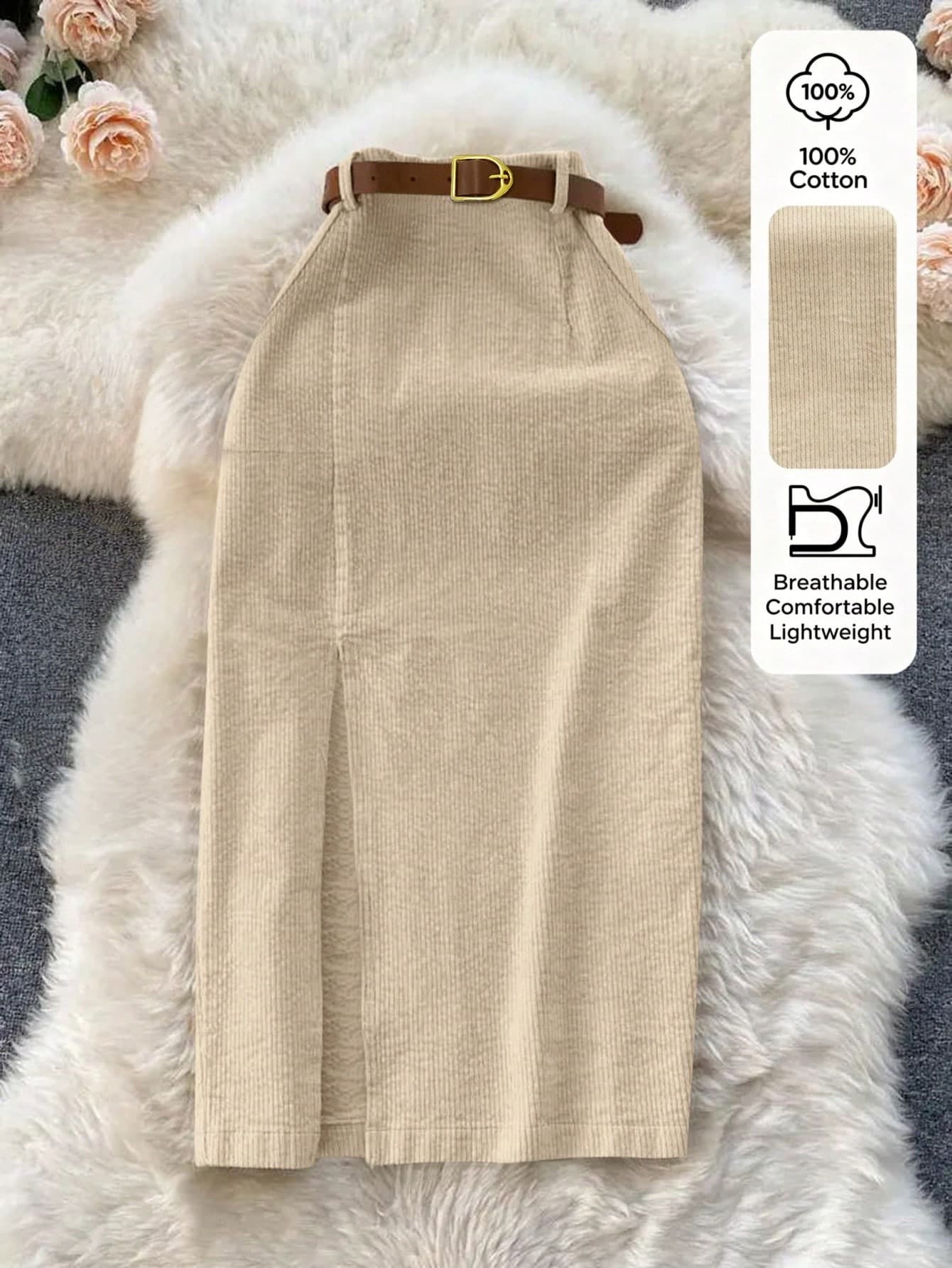 Franclia Beige Corduroy Mid-Length A-Line Skirt With Slit