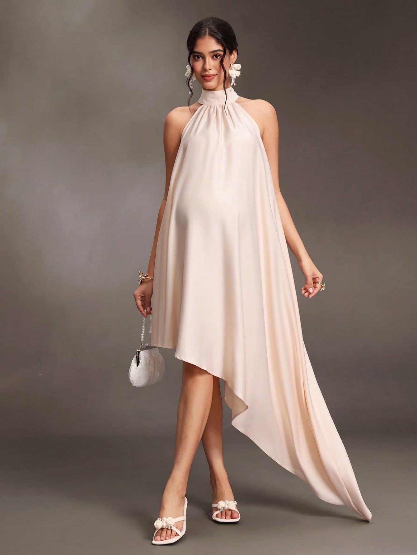 Cheriluna Maternity Elegant Minimalist Noble Elegant Style Draped Satin Asymmetric High-Low Hem Off-Shoulder Photography Dress