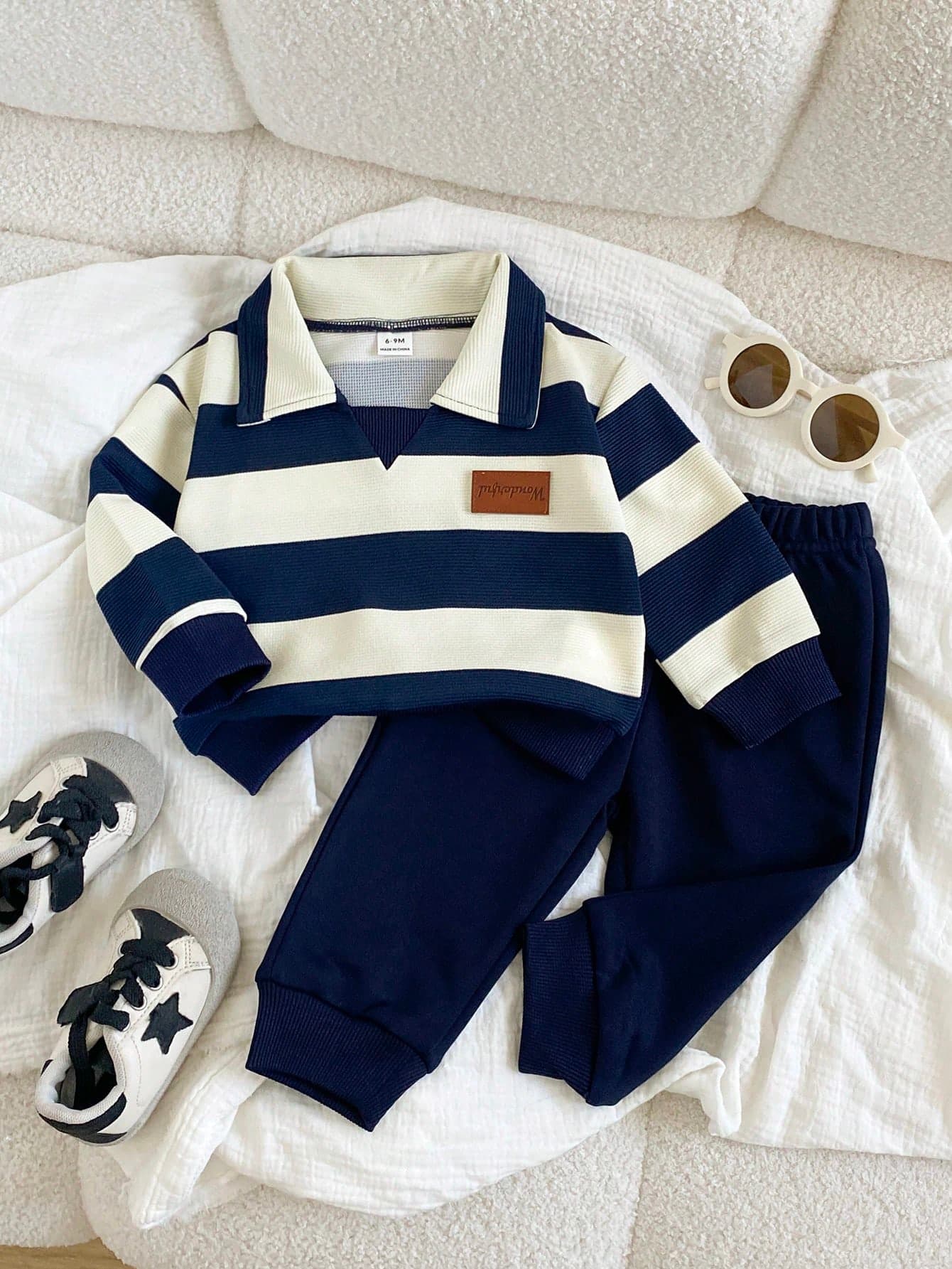 SHEIN Playful Pals Baby Boy Casual Sports Striped Yarn-Dyed Polo Collar Elastic Waist Long Sleeve Pants Set, Autumn/Winter