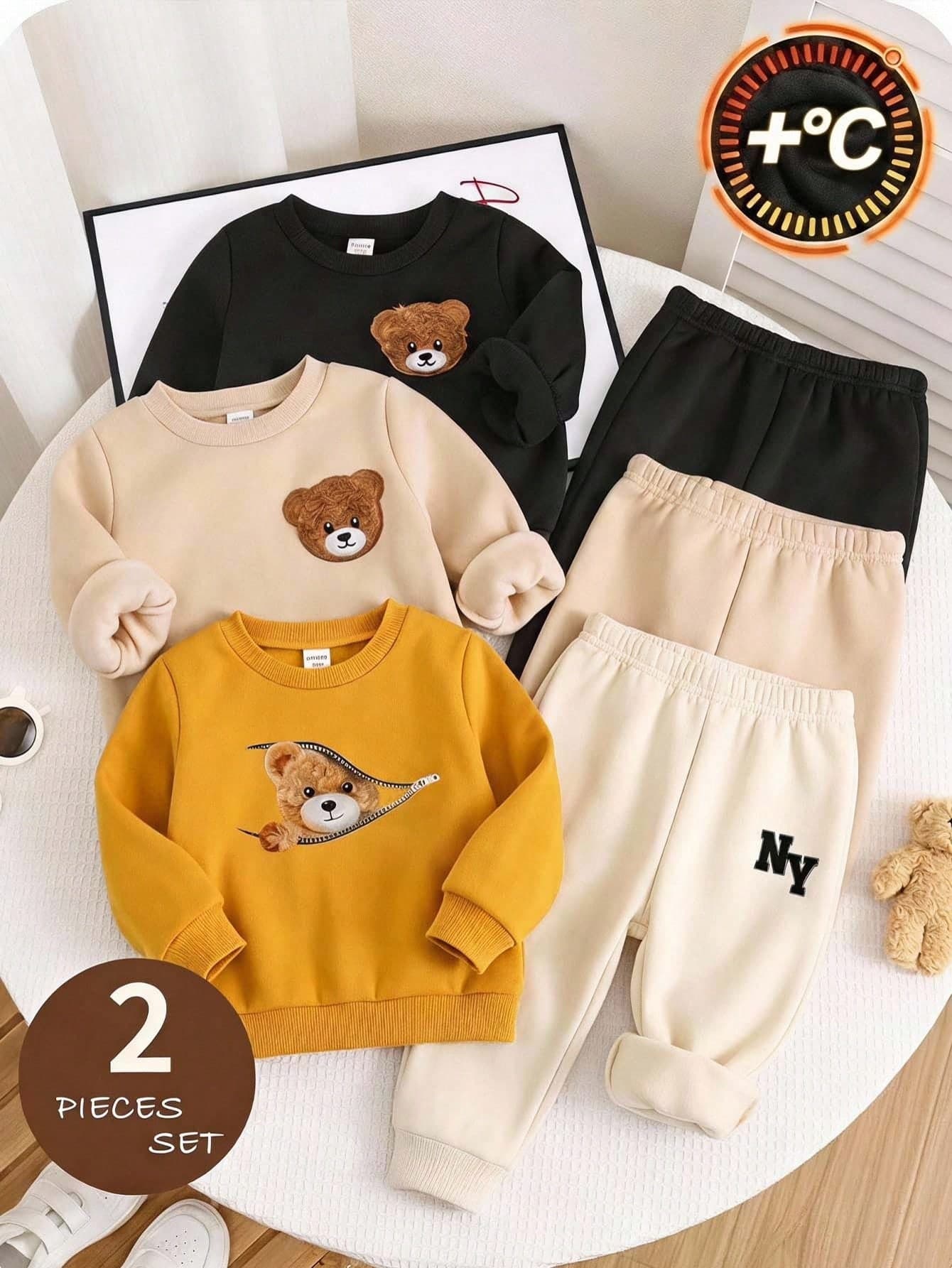 LMoss Kids Baby Boy Knitted Bear Pattern Crew Neck Long Sleeve Pullover Sweatshirt And Cuffed Long Pants,One Set Will Be Randomly Sent Out Of Three Sets.