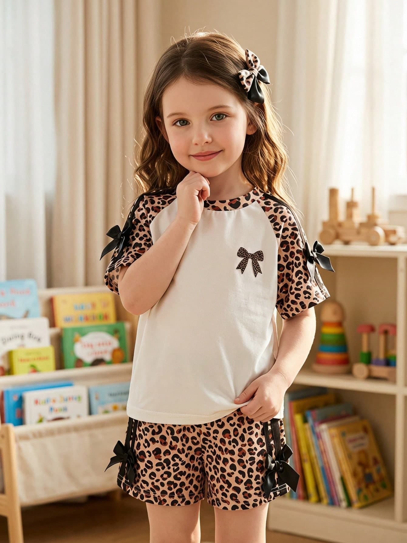 Elladie kids 2pcs Young Girls Leopard Print Raglan Sleeve Bowknot Short Sleeve Top And Leopard Print Shorts With Bowknot Ribbon Sides, Casual Retro Cute Korean Style Fashion Outfit, Suitable For Summer Daily Wear And Various Occasions