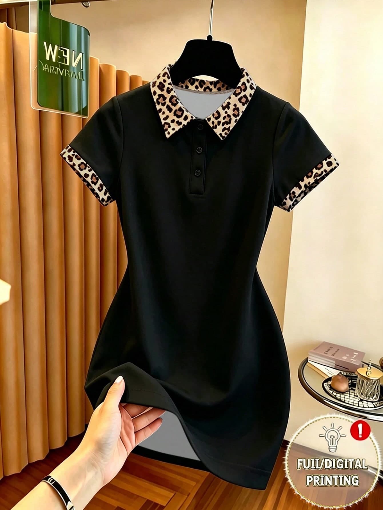 Franclia Recommended Hot-Selling Style, American Hot Girl Style Leopard Print Contrasting Color Polo Collar Women's Slim Dress, Suitable For Daily Commuting, Going Out To School, Going To School And Dating, A Versatile Summer Style For Hot Girls With Temperament