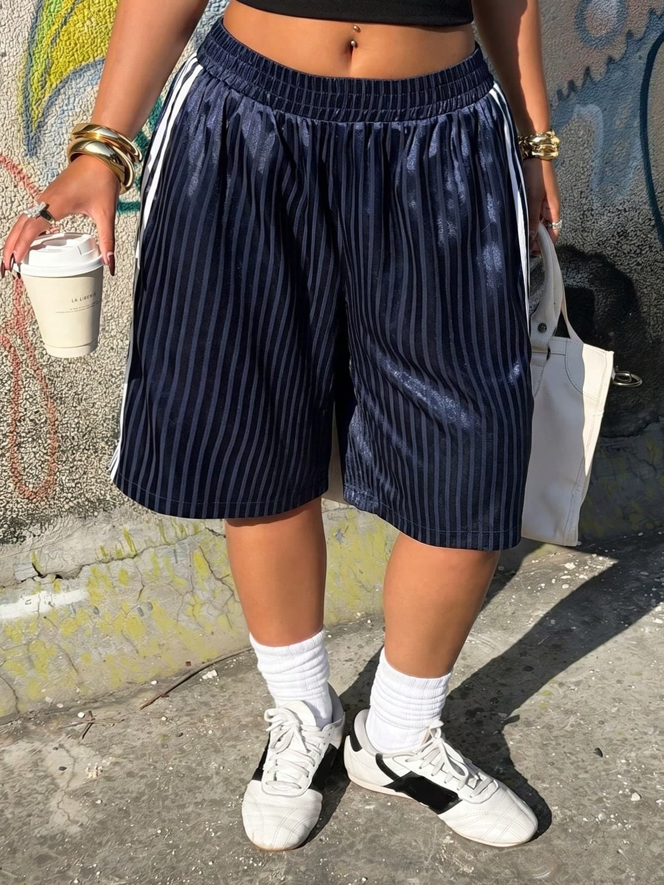 Muchica Plus Size Women's Side Stripe Elastic Waist Casual Shorts