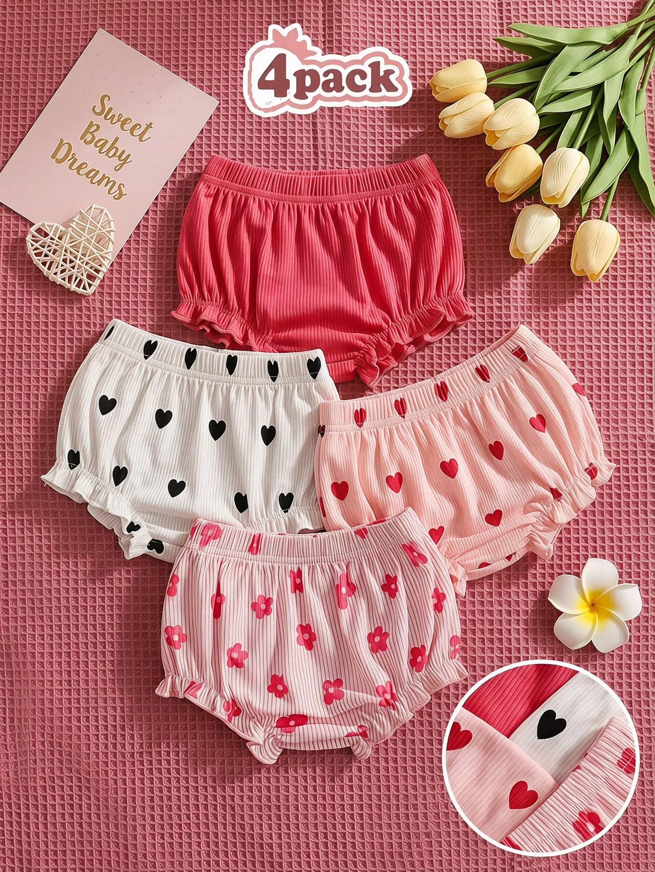 SHEIN Playful Pals 4pcs Baby Girls Summer Shorts, Pink & White, Sweet & Fresh Style, Solid Color Heart & Flower Print With Ruffle Hem, Loose & Comfortable Fit, Suitable For Daily Wear, Outdoor Play, Matching With Tops, Photo Shoots