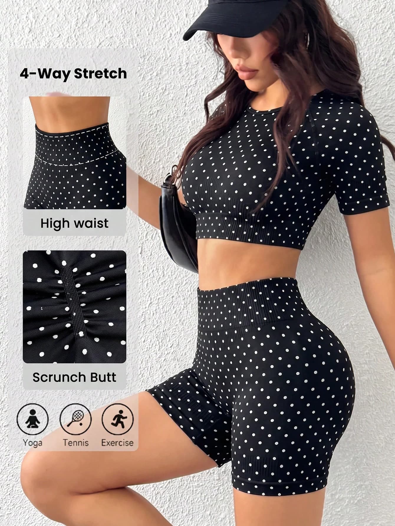 SHEIN Dewbera Polka Dot Print Cropped Top & Shorts Seamless Women's Sports Set