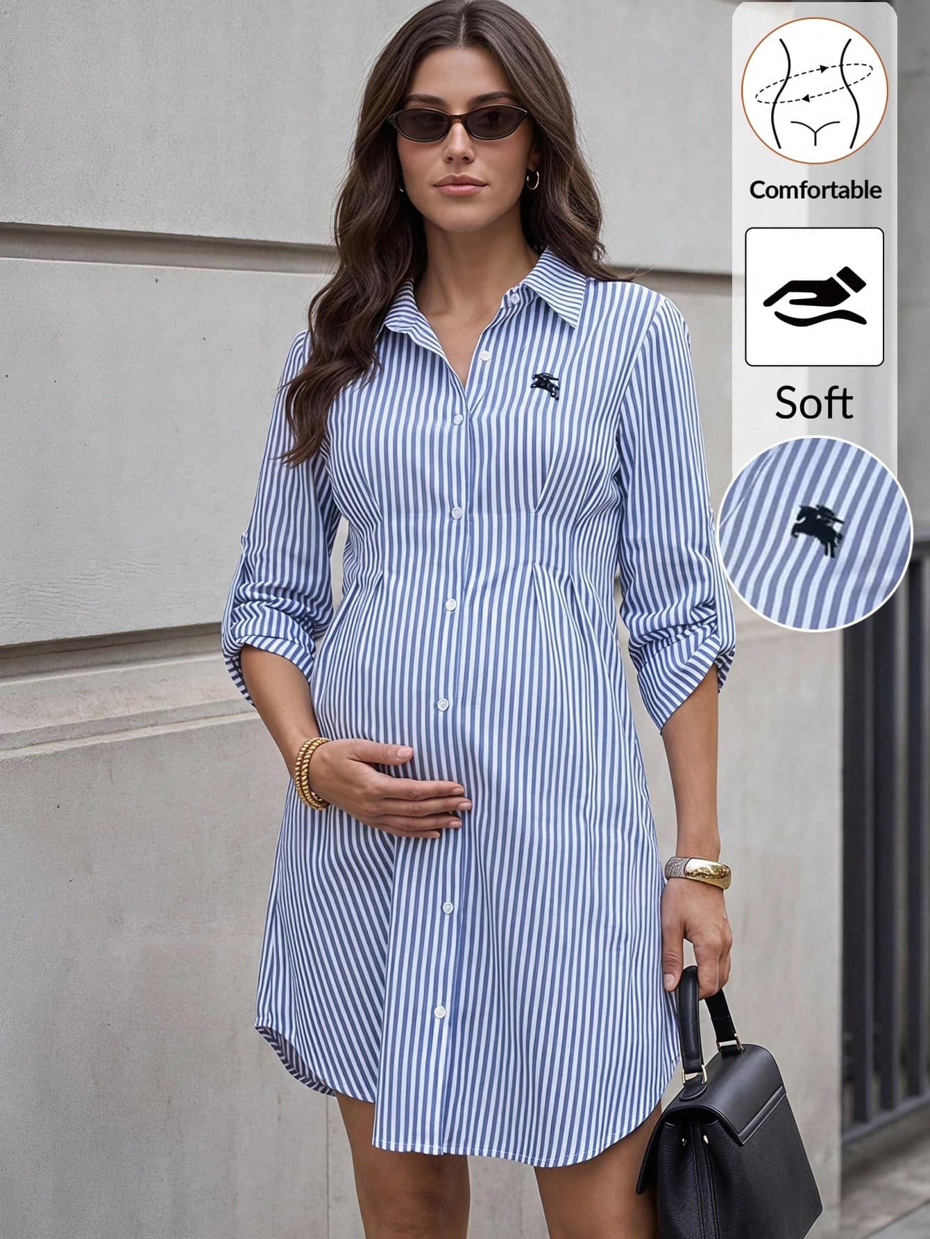 MaterniWear Maternity Casual Commute Striped Front Button Dress