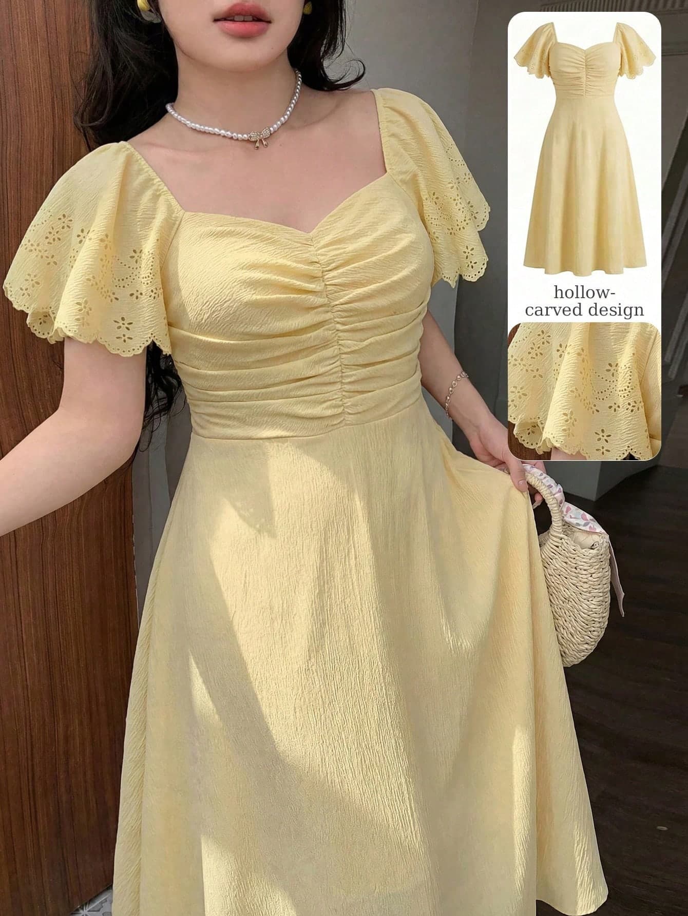 Modelyn Plus Size Women Spring/Summer Yellow Woven Short Sleeve Cinched Waist A-Line Burnout Shirred Elegant Romantic Midi Sweetheart Neck Dress Summer