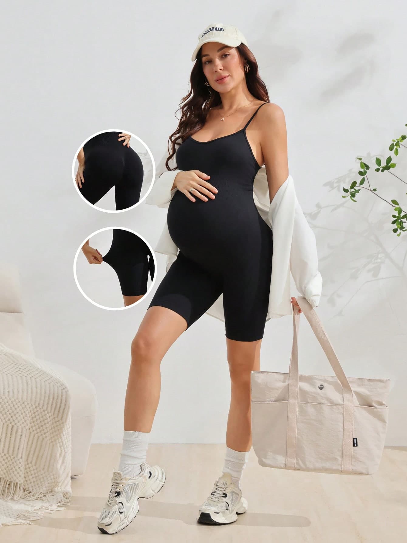 SHEIN Maternity Solid Color Minimalist Versatile Spaghetti Strap Sports Romper