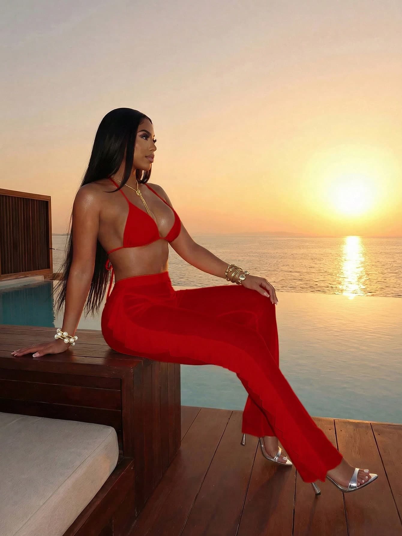 Slaydiva 2026 Casual Tropical Beach Party Vacation Swimwear 3-Piece Set, Elegant Sexy Bikini + Side Ruffle Semi-Sheer Elastic Fabric Long Pants Red Summer