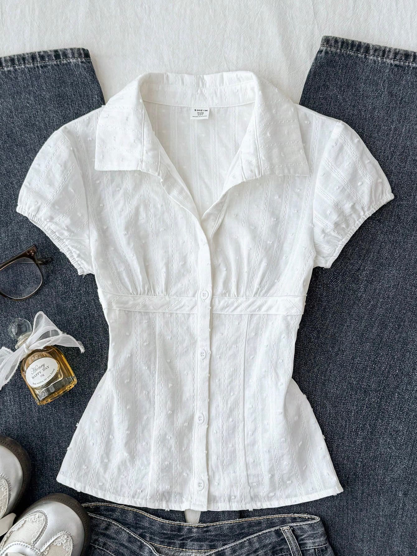 Tween Girls' White Solid Color Casual Minimalist Textured Short Sleeve Shirt