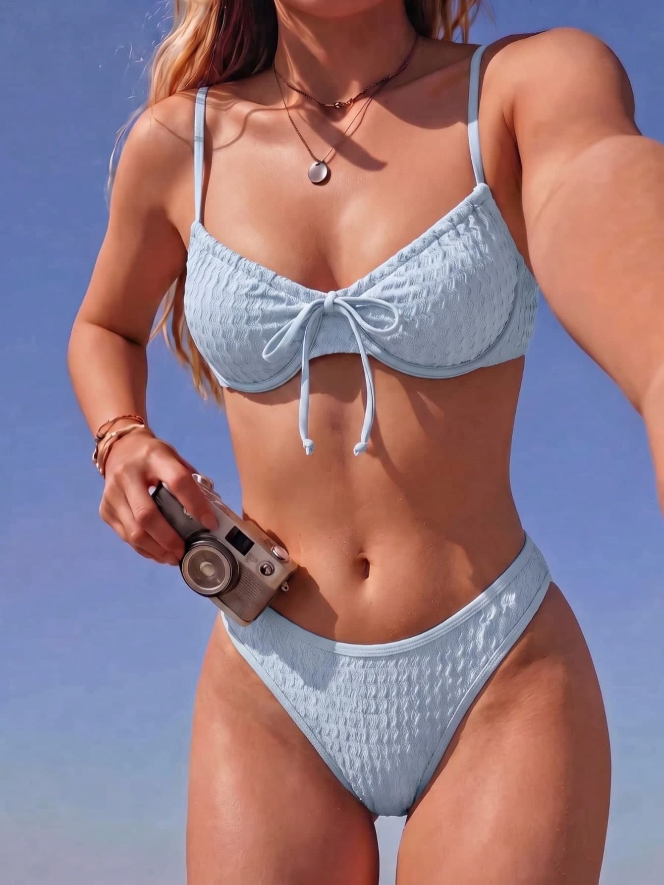 Swim Mod Women's Coquette 2 Pieces Bikini Set,Baby Blue,Summer,Casual,Beach,Holiday,Vacation,Holiday Halter Ruched Top,Tie Front,High Cut Bottom,Wavy Fabric