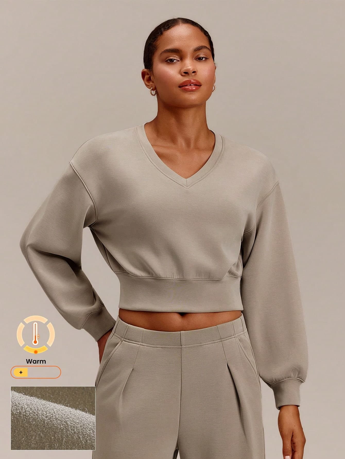 GLOWMODE Brushed SoftSerene Modal Conquer Your Cozy Silky-Smooth V-Neck Sweatshirt With Lantern Sleeves Relaxed Fit Daily Casual Summer Wear
