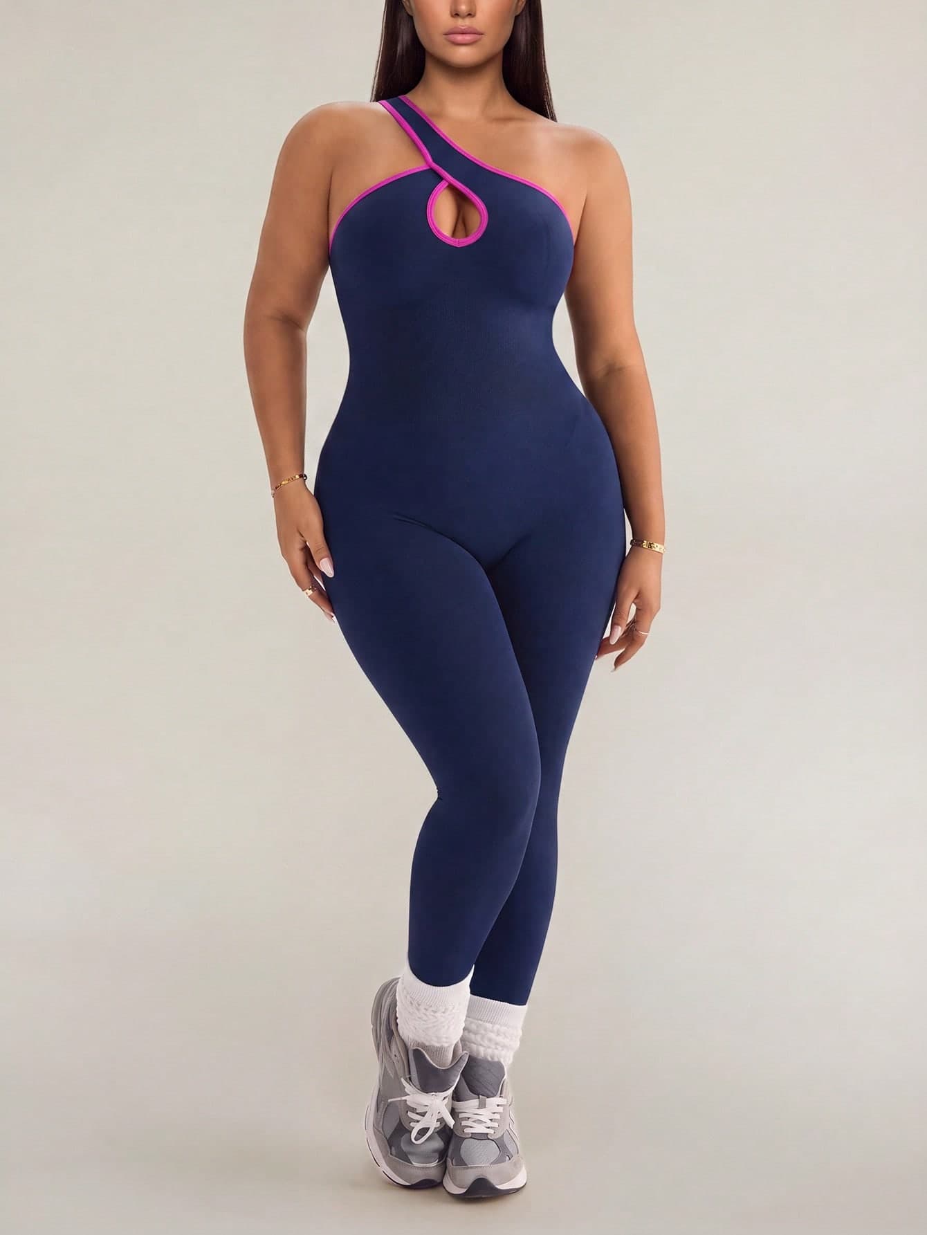 SHEIN Rhythm Era 1pc Plus Size Navy Blue Seamless Jumpsuit, Sleeveless One Shoulder, Soft & Comfortable Fit, Suitable For Workout, Running, Casual, Yoga