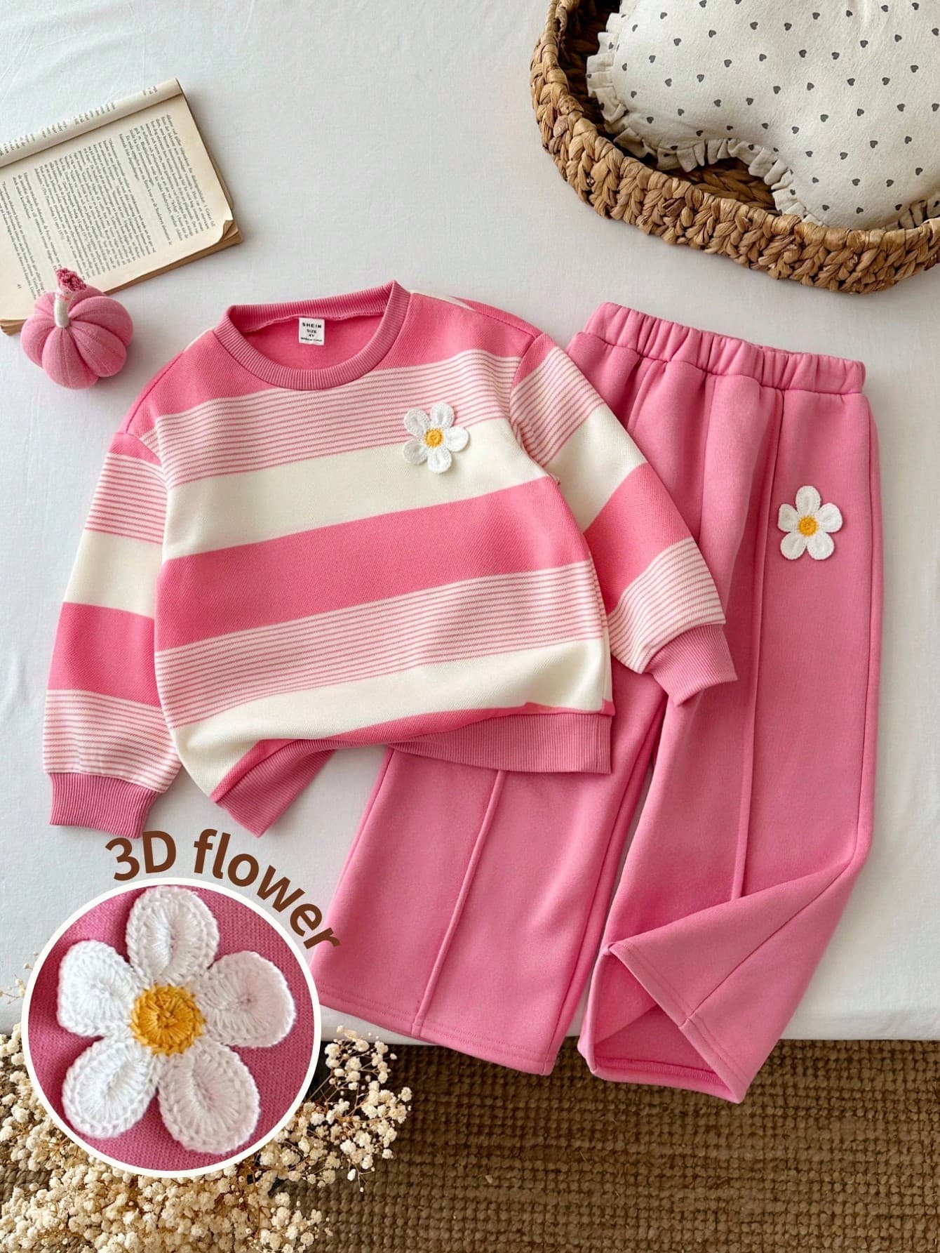 SHEIN Young Girl 3D Floral Decor Striped Long Sleeve Sweatshirt And Sweatpants Casual Set