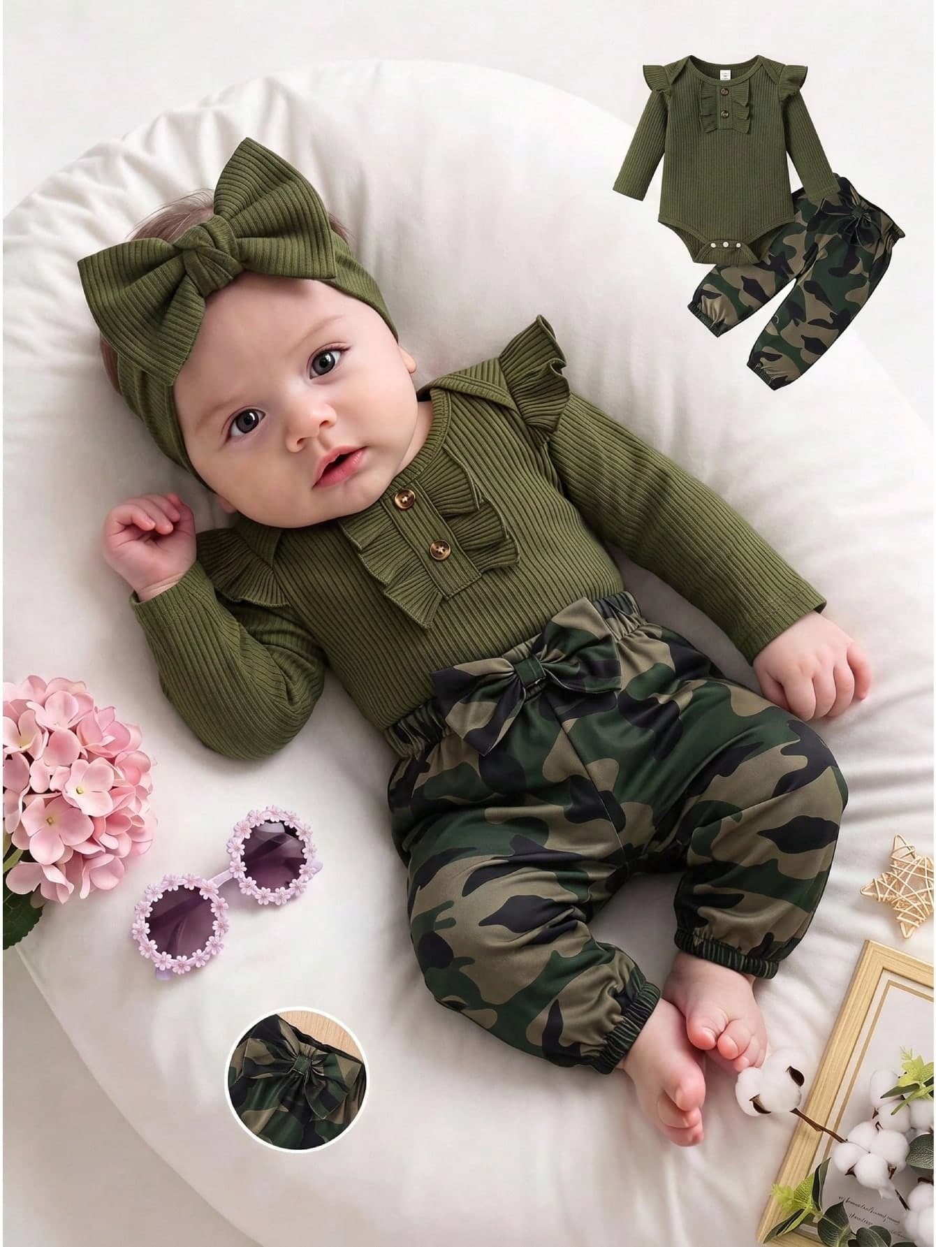 SHEIN Baby Girl Fashion Minimalist Long Sleeve Ruffle Bodysuit & Camo Print Bow Decor Casual Pants Set, Spring