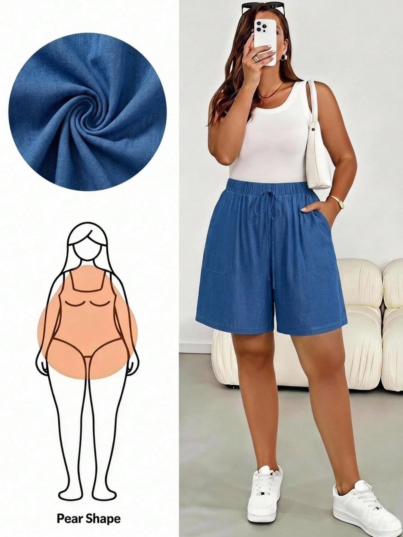 SHEIN Essnce Vacation Casual Light Blue Textured Fabric Plus Size Women's Loose Shorts With Pockets, Suitable For Summer, Pants Vacation