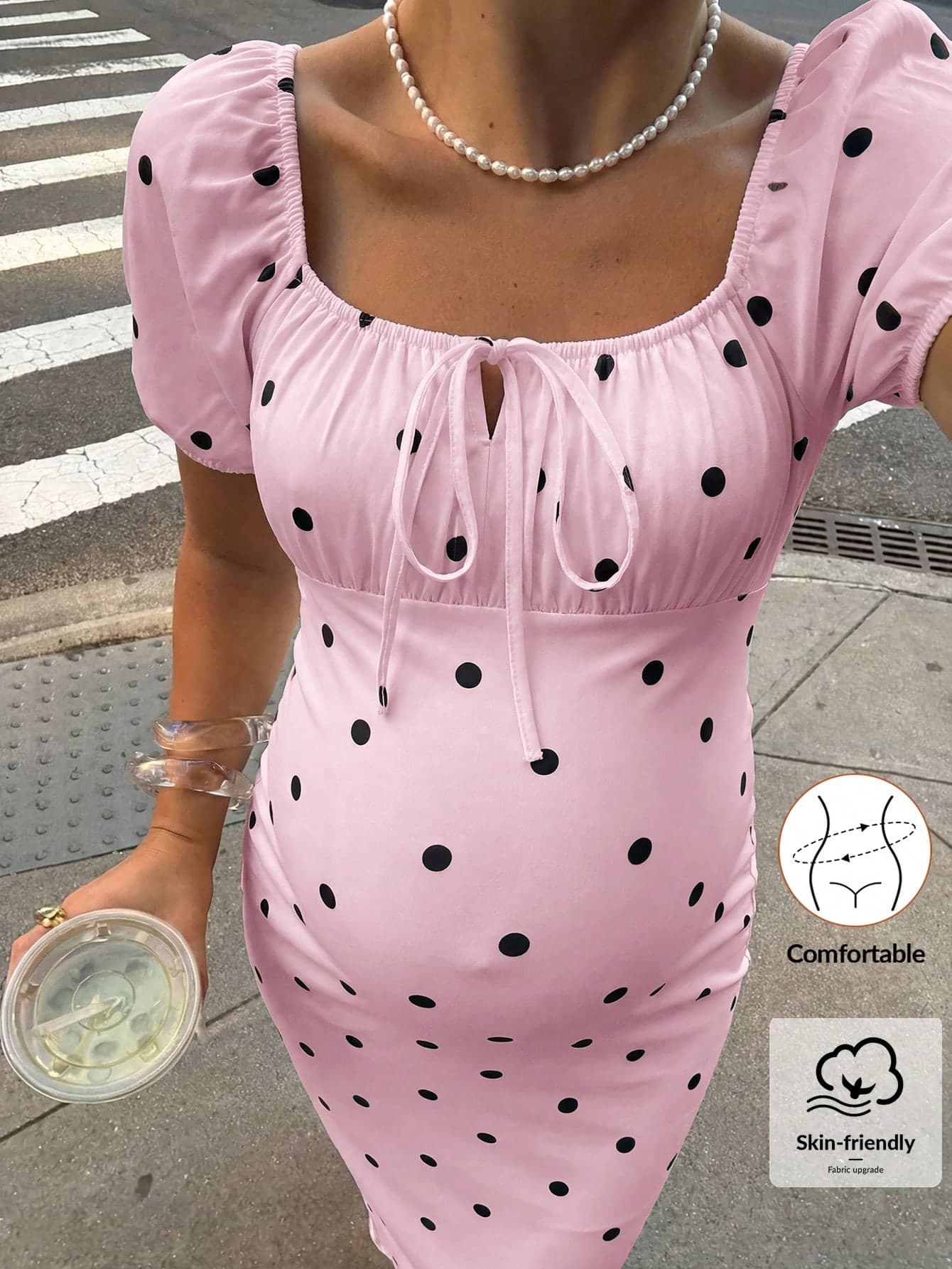 MaterniWear Maternity Polka Dot Print Front Tie Short Puff Sleeve Dress