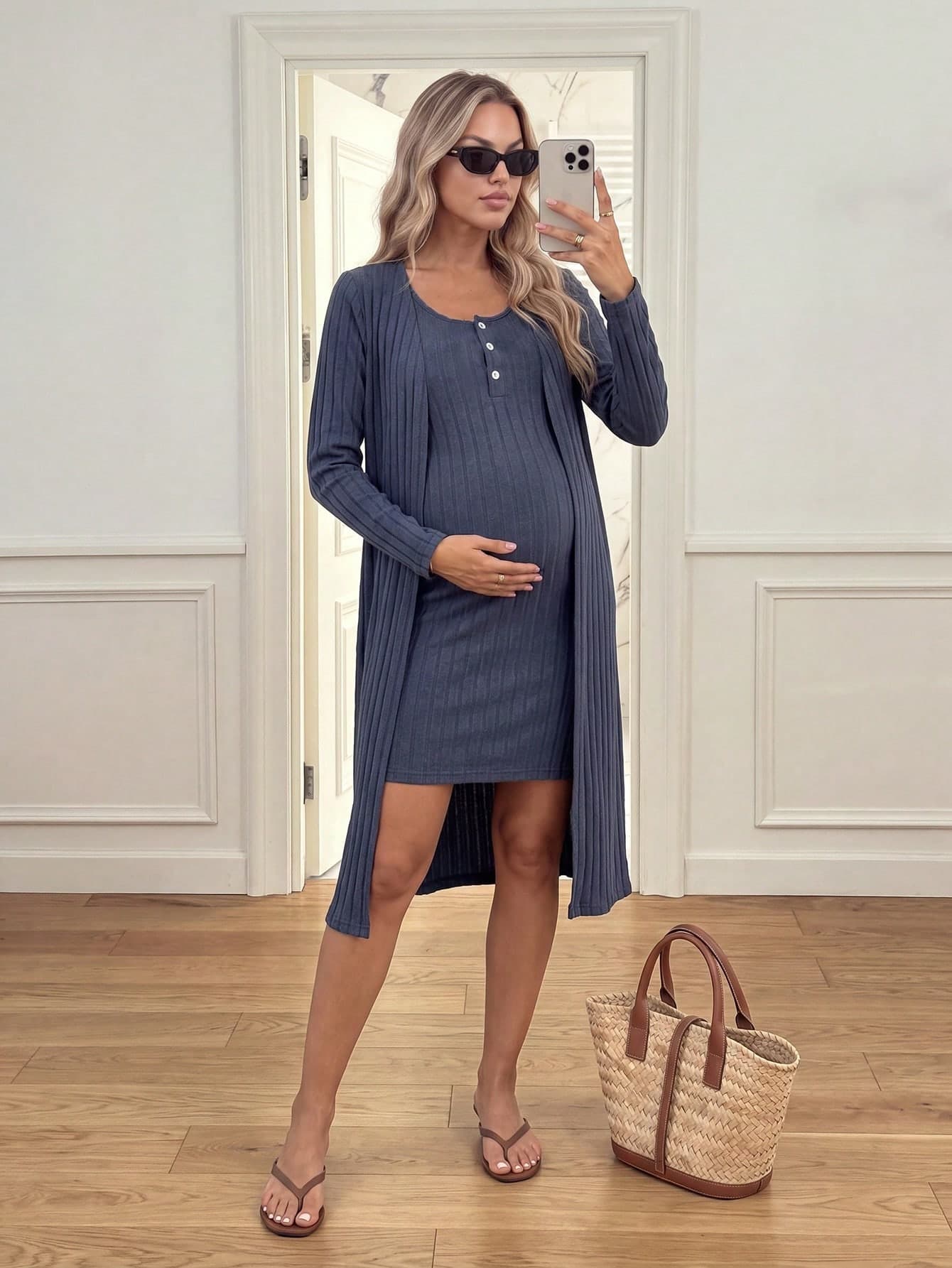 SHEIN Maternity Solid Color Jacket And Dress 2 Pieces Set