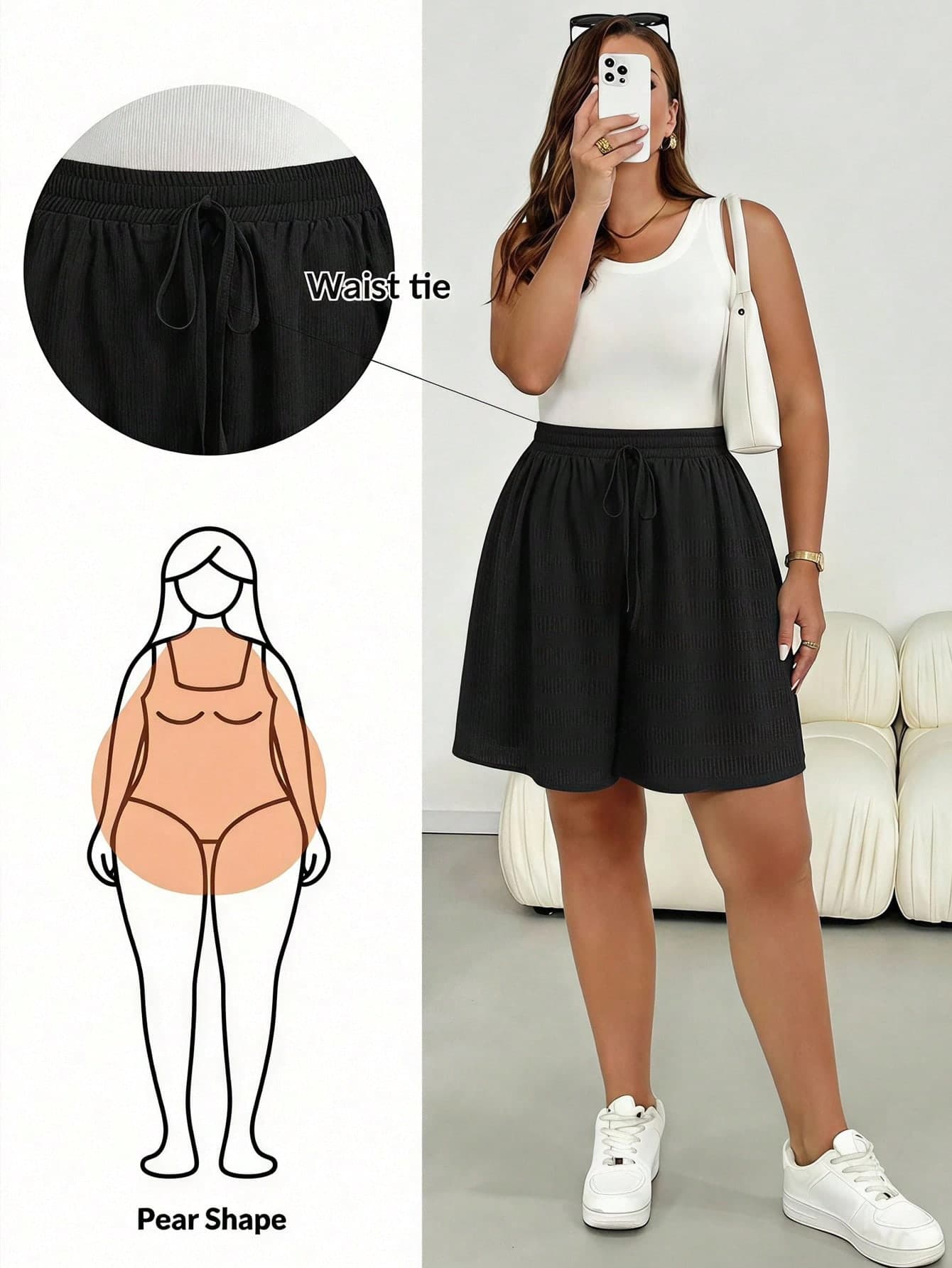 SHEIN Essnce Plus Size Women's Solid Color Knotted Wide Leg Casual Loose Shorts Black
