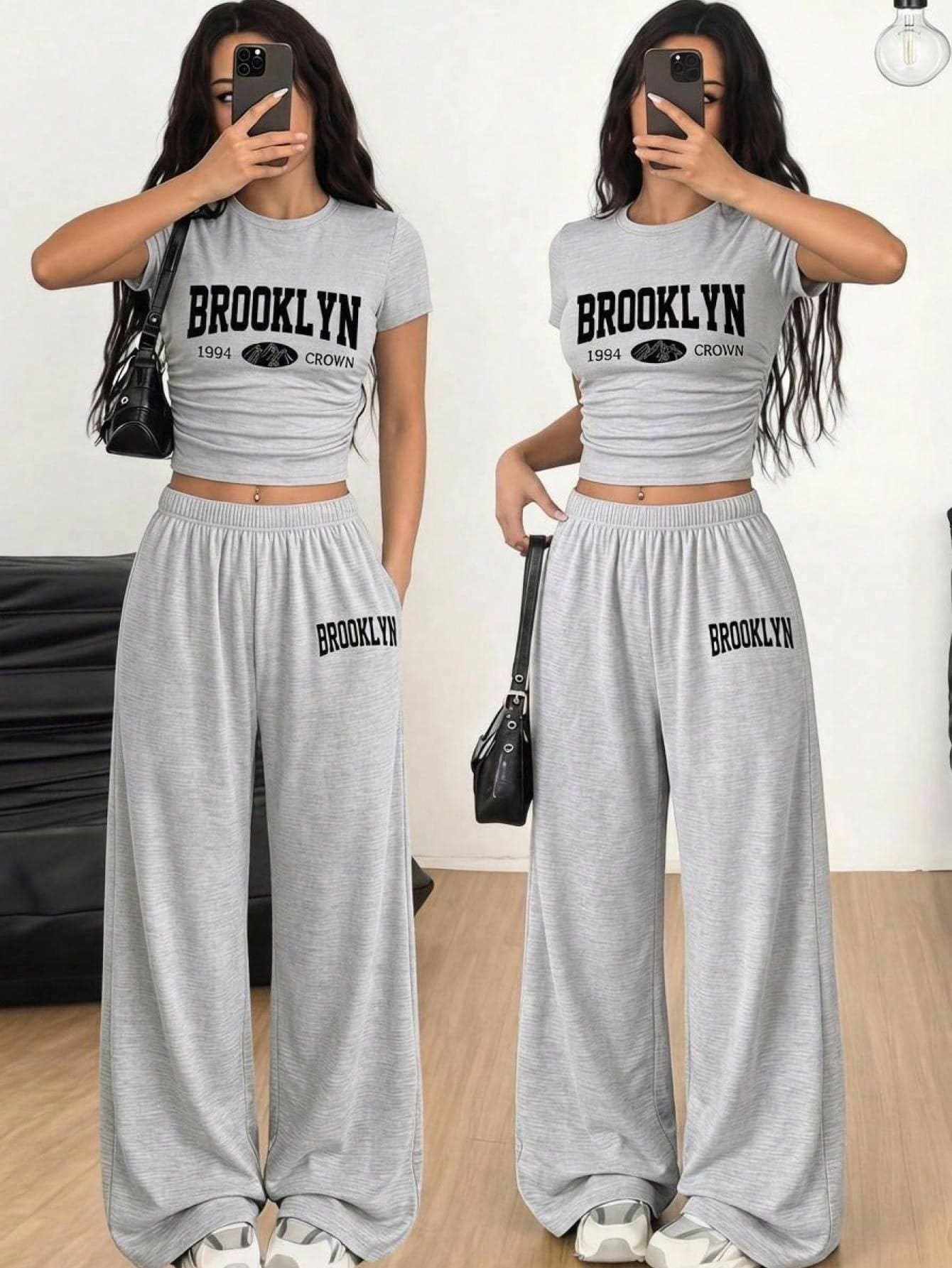 SHEIN Teen Girl Casual Daily Versatile Comfortable Loose Round Neck Short Sleeve Printed T-Shirt And Long Pants Set, Summer Outfit, Soft Knit, Suitable For Sports, Outings, Vacation, Travel, School, Campus, University And Other Occasions. Teen Girl