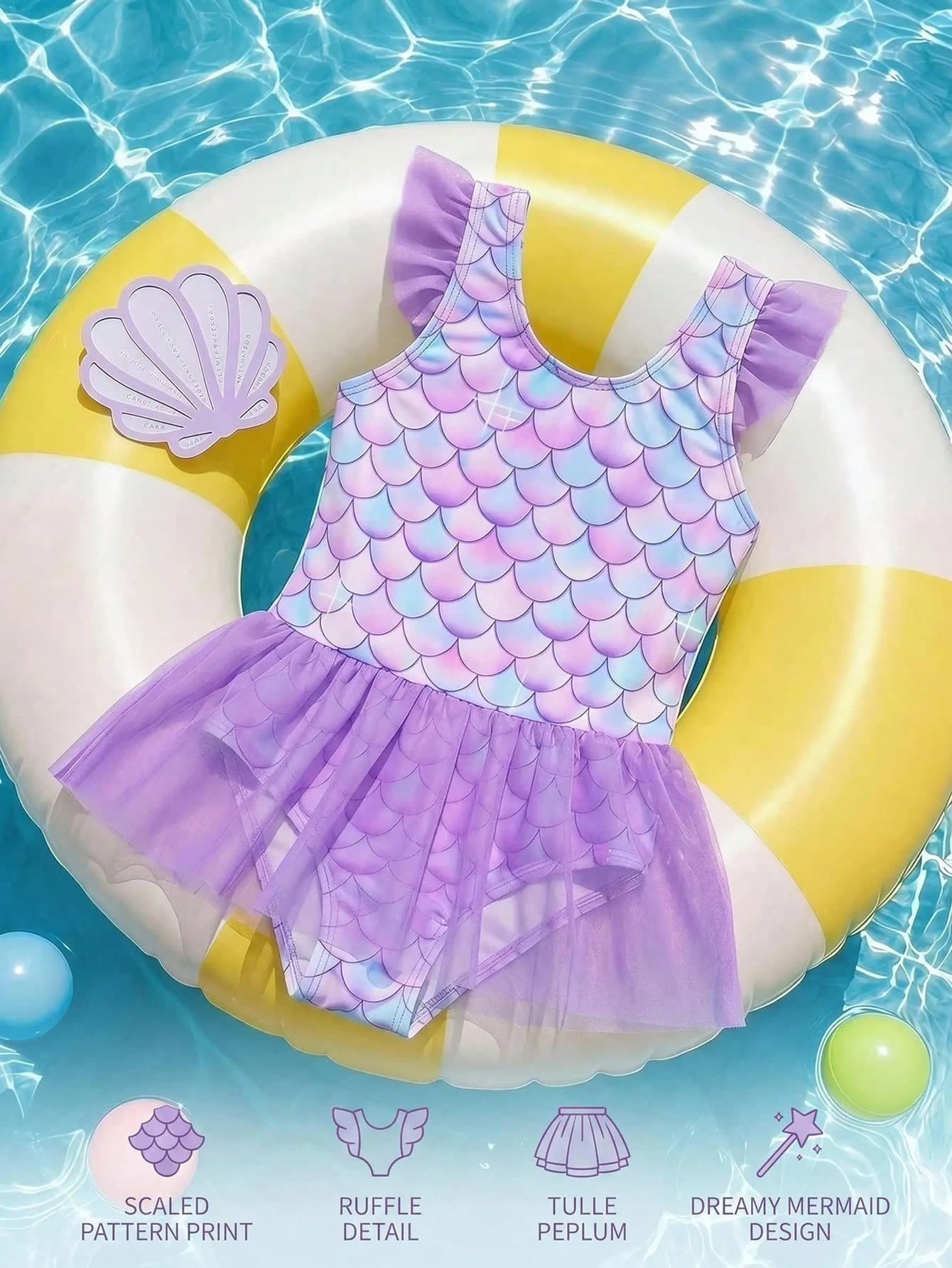 SHEIN Baby Girls Beachwear Swimsuit, Suitable For Summer, Suitable For Swimming, Cute Purple Fish Scale Polyester Print Swimsuit, Suitable For Summer Fashion Colorful Cute Casual Swimwear