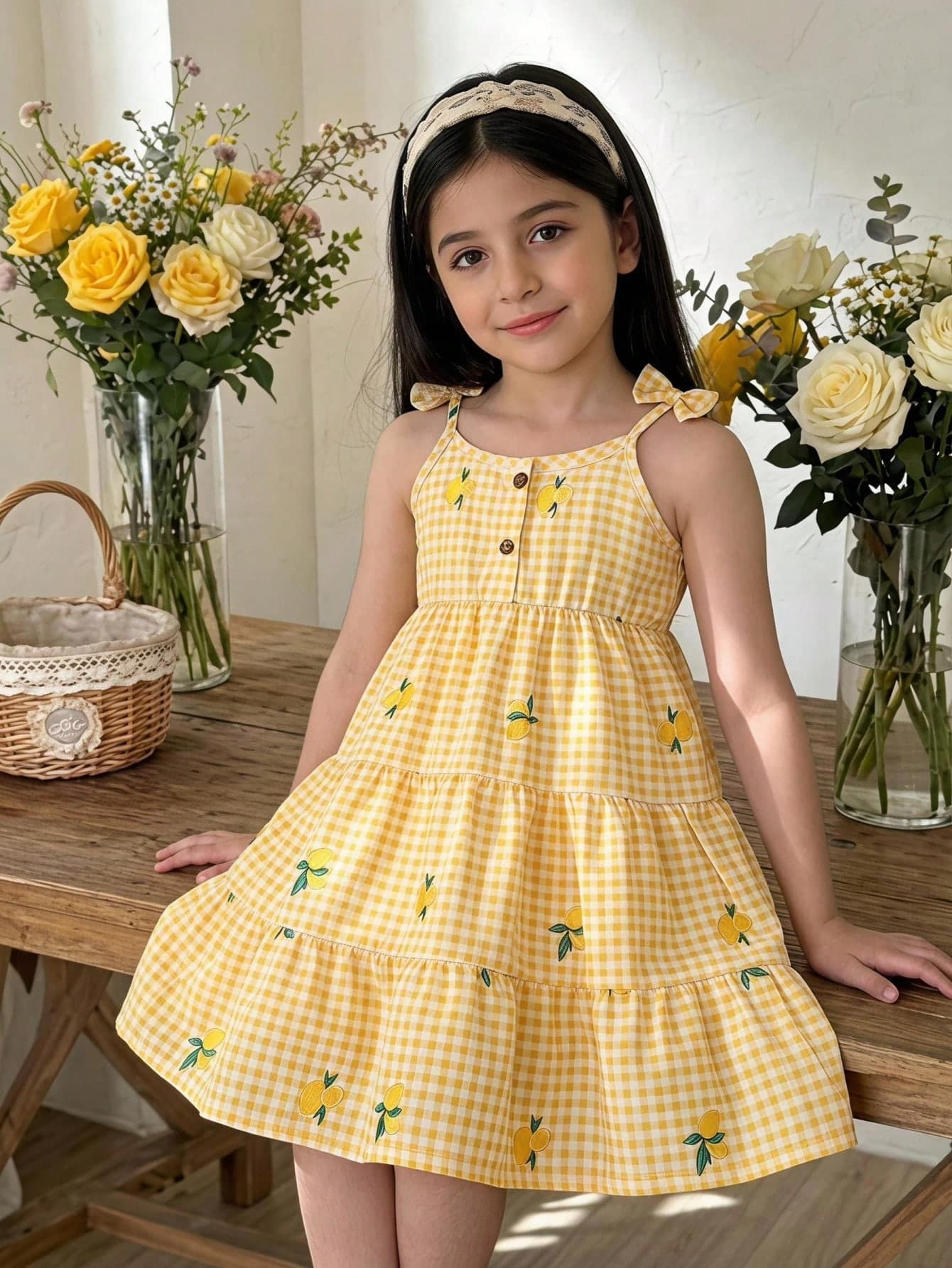 SHEIN Elladie kids Girls' Casual White Lemon Plaid Print Bow Strap Cake Dress, Summer Dress For Toddlers, Cute Comfortable Sweet Elegant Outfit, Suitable Back To School