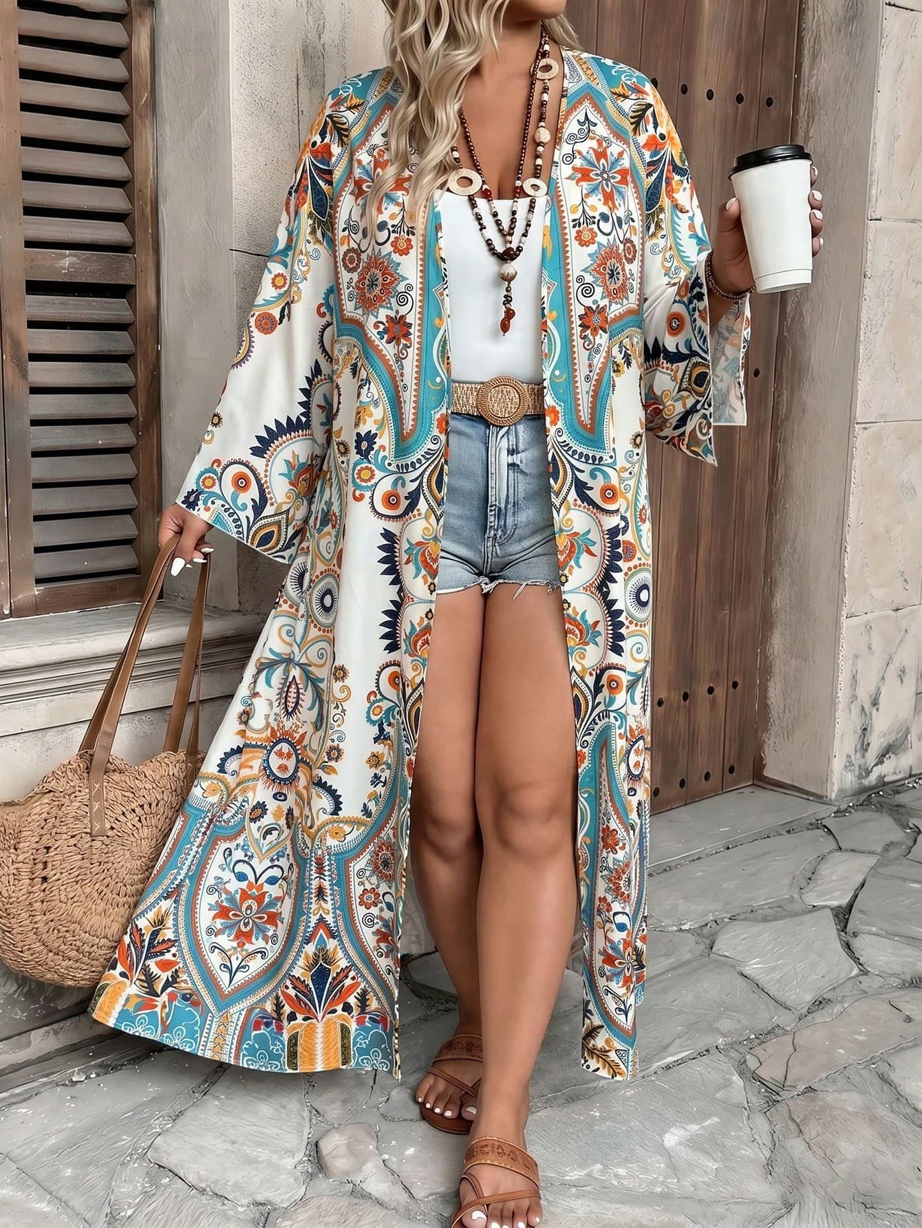 Ceyna Plus Size Women's New Elegant Multi-Color Striped Bohemian Style Colorful Paisley Pattern Open Front Long Sleeve Long Cardigan Outerwear Fall