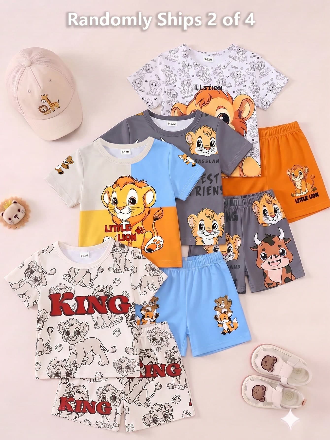 Random 4 Sets Get 2 Set,Cute Animal Pattern,  Letter Pattern Printed Crew Neck T-Shirt Matched With Same Print Shorts