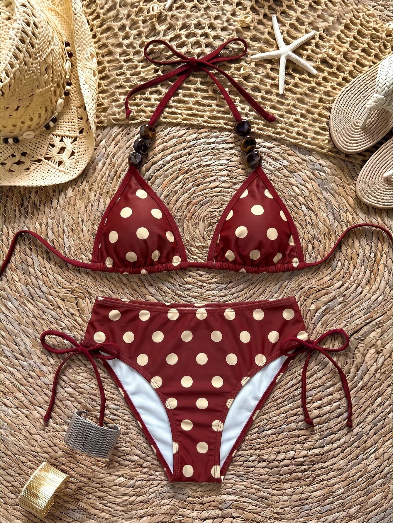 Soleia Women's Summer Beach Party Burgundy Print Halter Tie Sexy 70s Retro 80's Boho Fashion Bikini Two-Piece Swimsuit Set