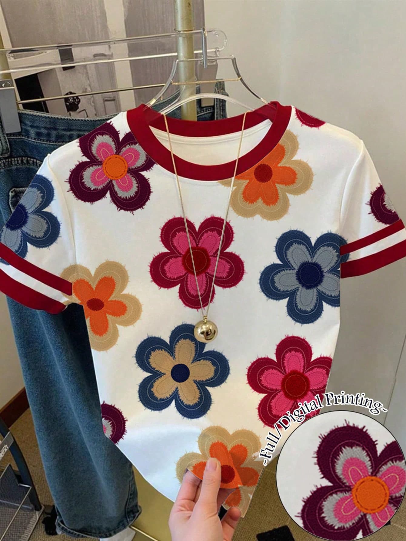 Teen Girl White Crew Neck Contrast Trim Floral Print Short Sleeve T-Shirt,Cute Summer Holiday Back-To-School Bachelorette Party Vintage Flower Tops