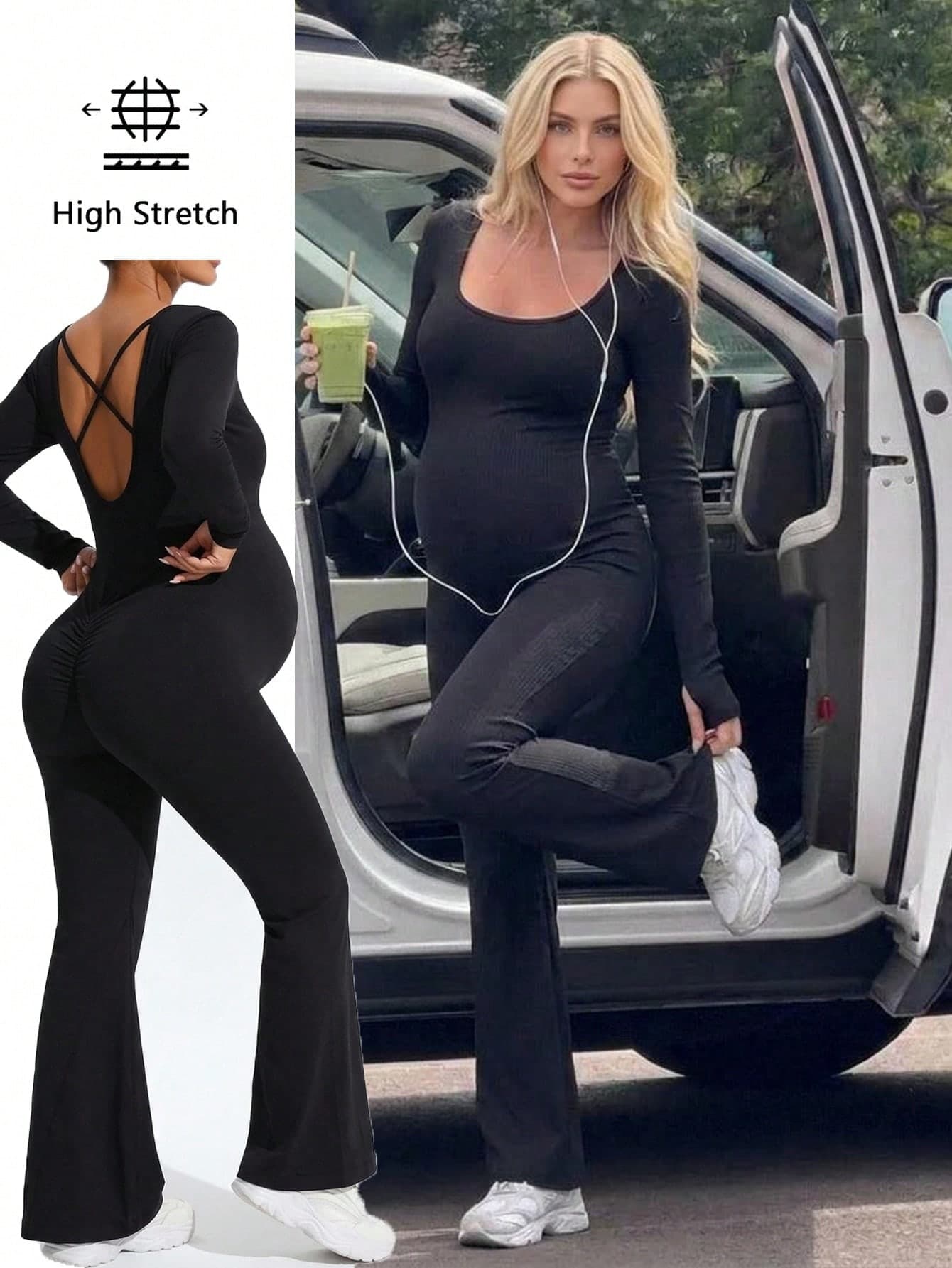 SHEIN Maternity Solid Color Backless Casual Daily Sports Jumpsuit With Flared Pants