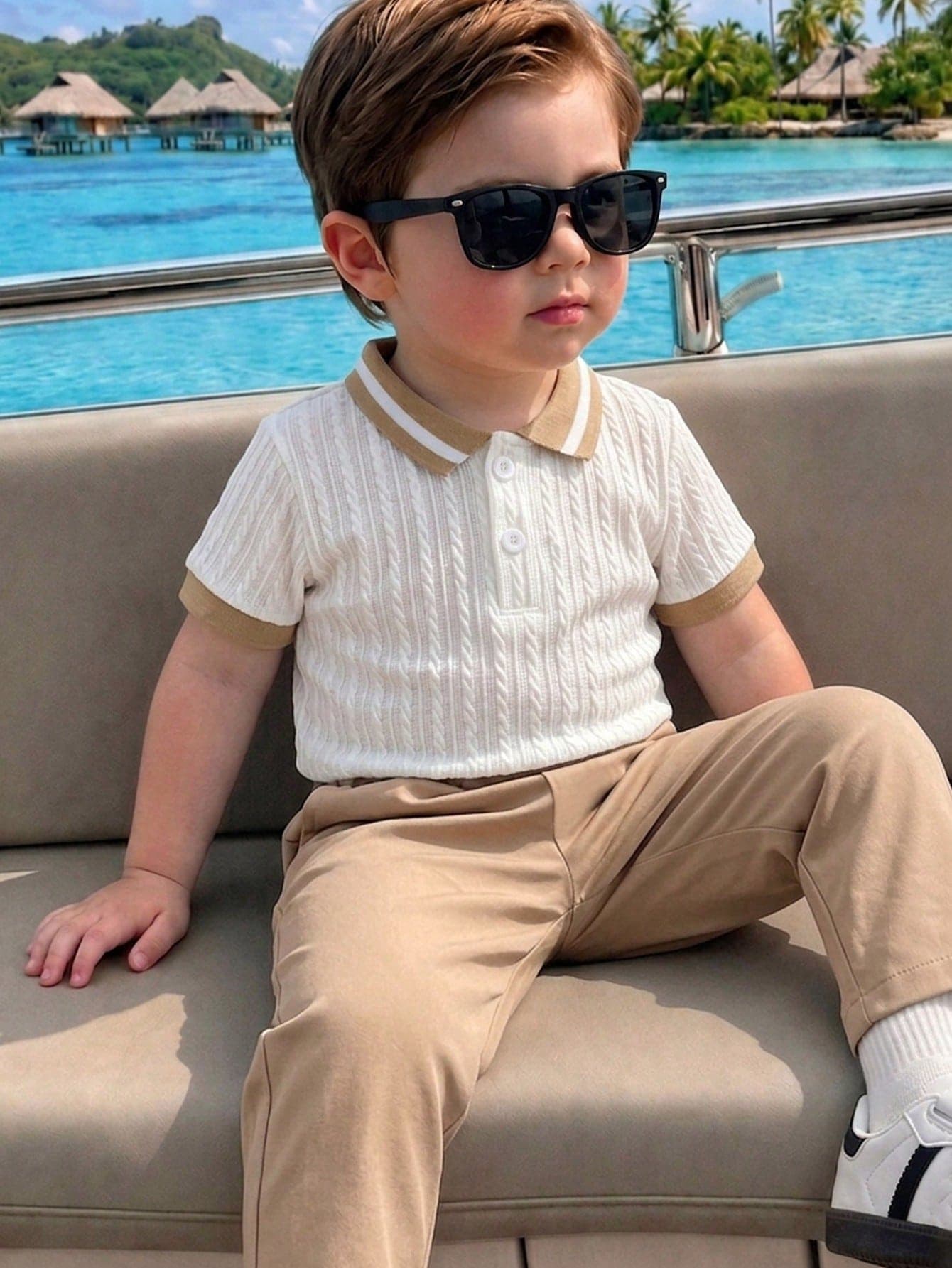 SHEIN Playful Pals 2pcs/Set Baby Boy Textured Fabric Short Sleeve Polo Shirt And Khaki Long Pants Outfit, Baby Boy Clothing Set