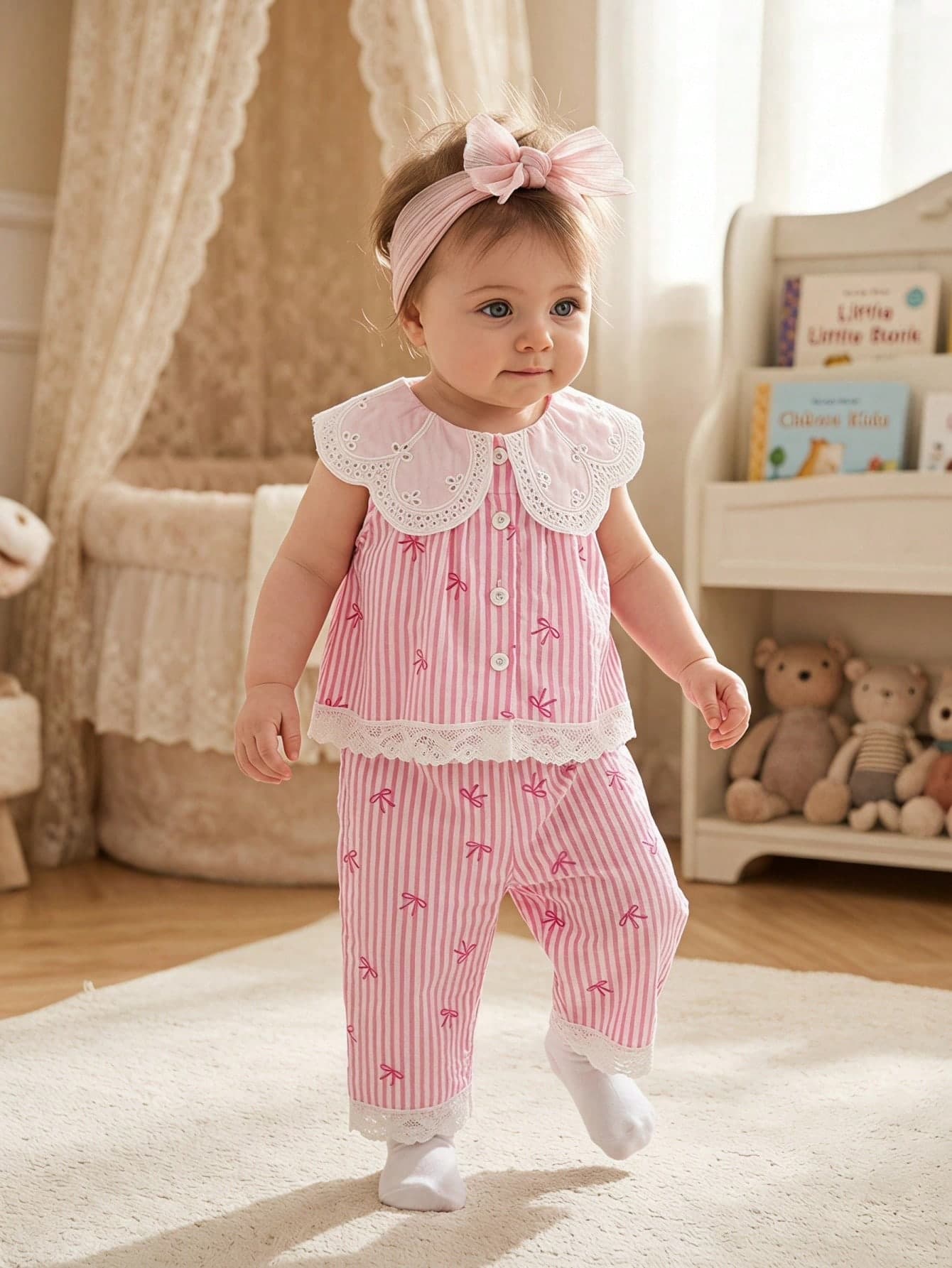SHEIN Vintaside Kids Toddler Girls Preppy Striped Tank Top & Pants Set, Peter Pan Collar With Bow Detail