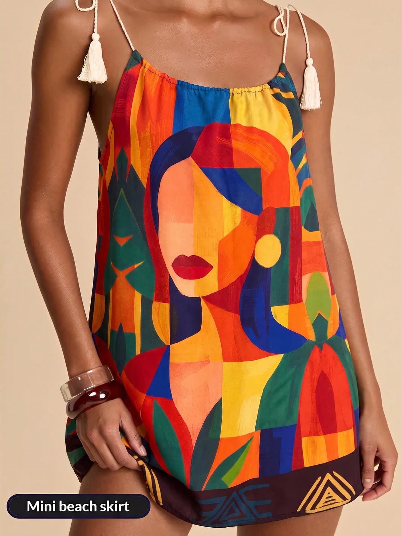 Travachic Women's Geometric Print Patchwork Casual European Jamican Sexy Tropical Vacation Travel Cover-Up Spaghetti Strap Dress Beach Red White And Blue Summer