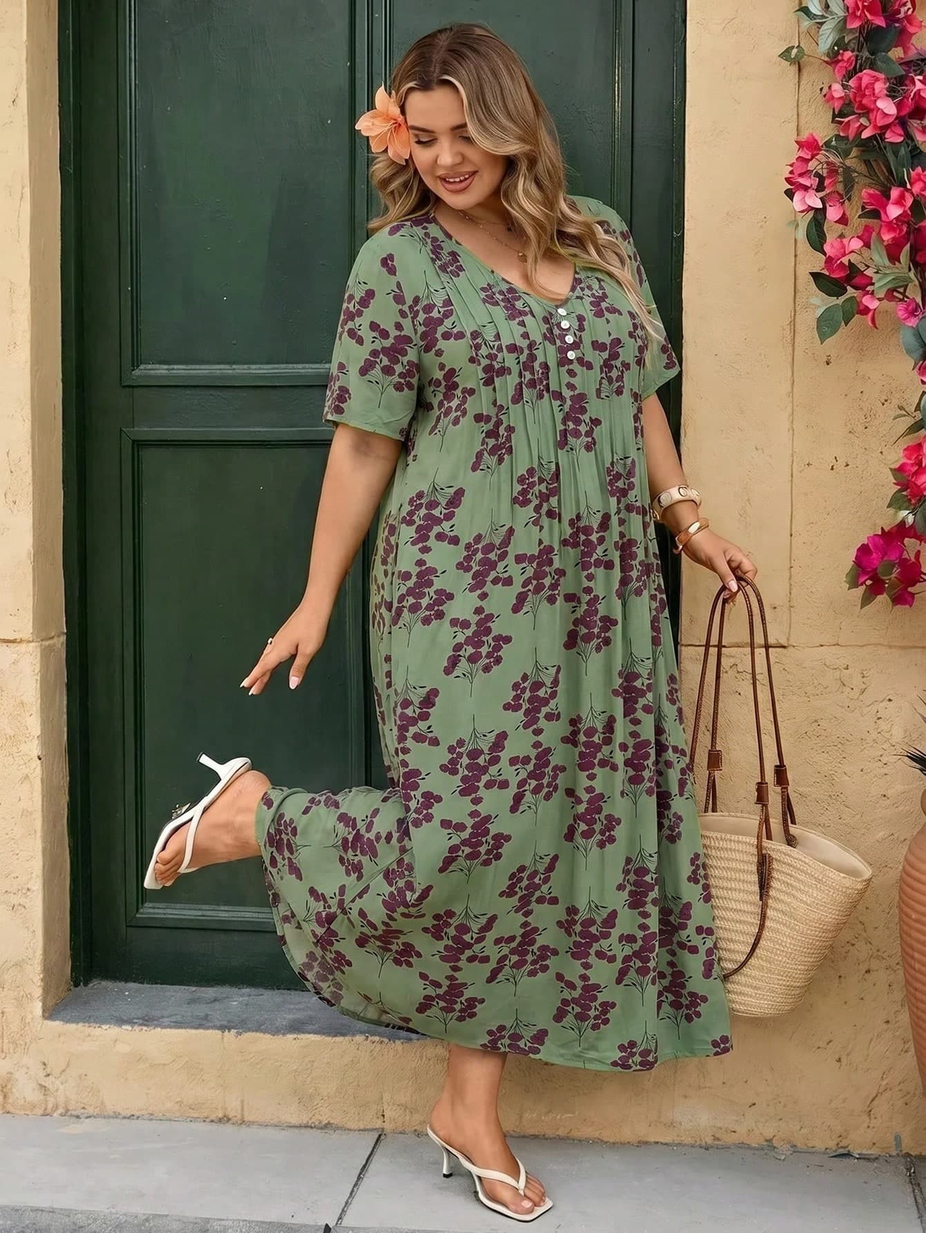SHEIN CURVE+ Plus Size Floral Long Summer Dress, Half-Button Front Sleeve Dress