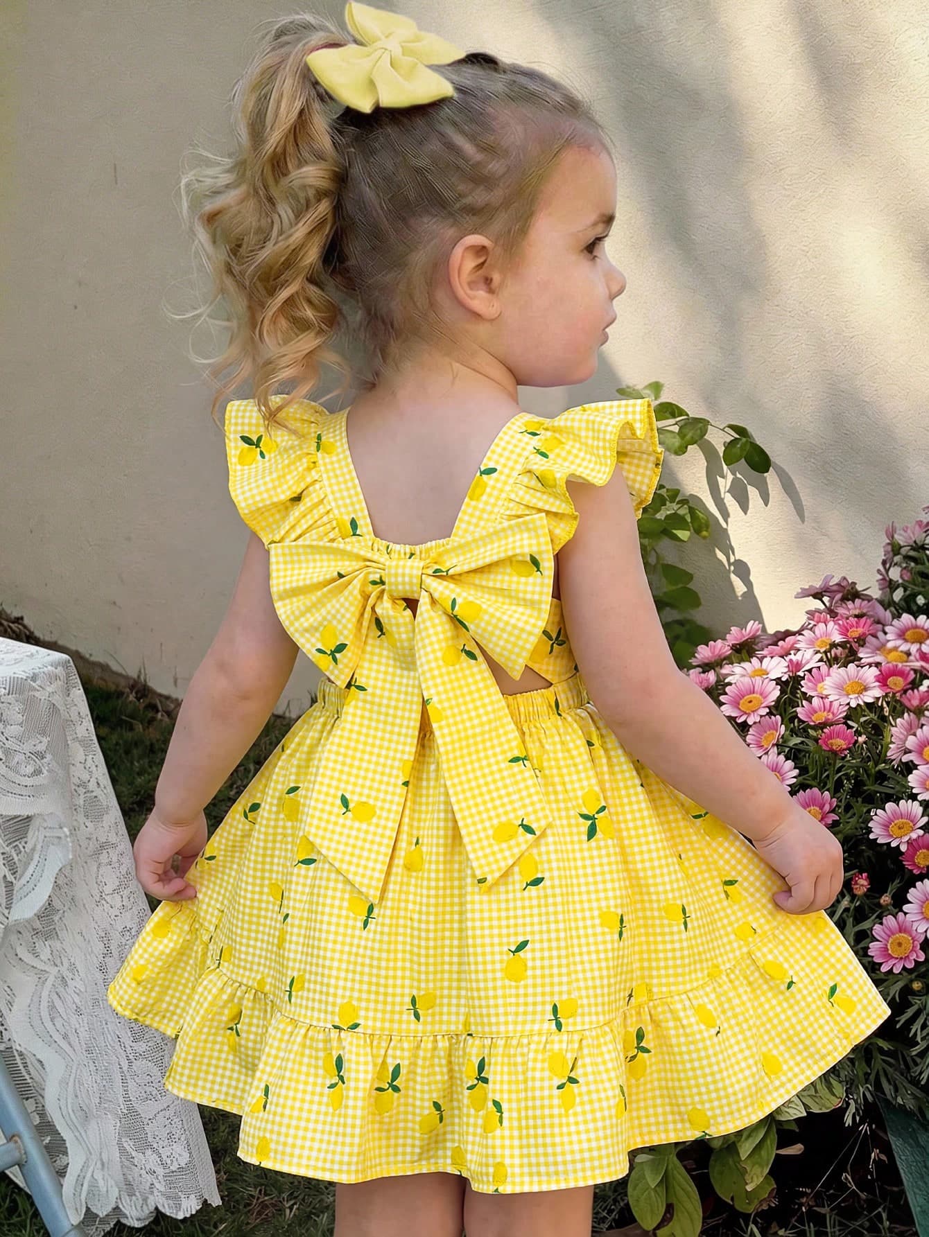 LMoss Kids Baby Girl Young Girls Summer Gingham Dress,Pastel Yellow Plaid Lemon Print Fairy Style,Ruffle Sleeve Back Bow Detail,Matching Family Vacation,Holiday