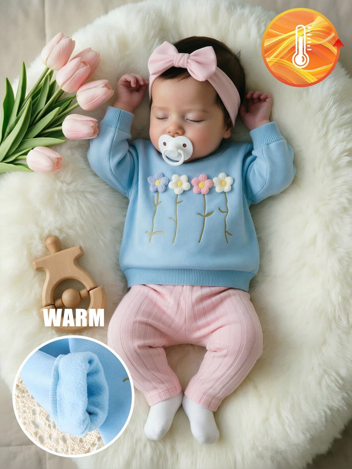 SHEIN Playful Pals Baby Girl Fresh 3D Floral Embroidered Sweatshirt Set, Spring/Autumn Soft Skin-Friendly Blue 3D Floral Sweatshirt + Pink Ribbed Long Pants Set, Cute Versatile Style