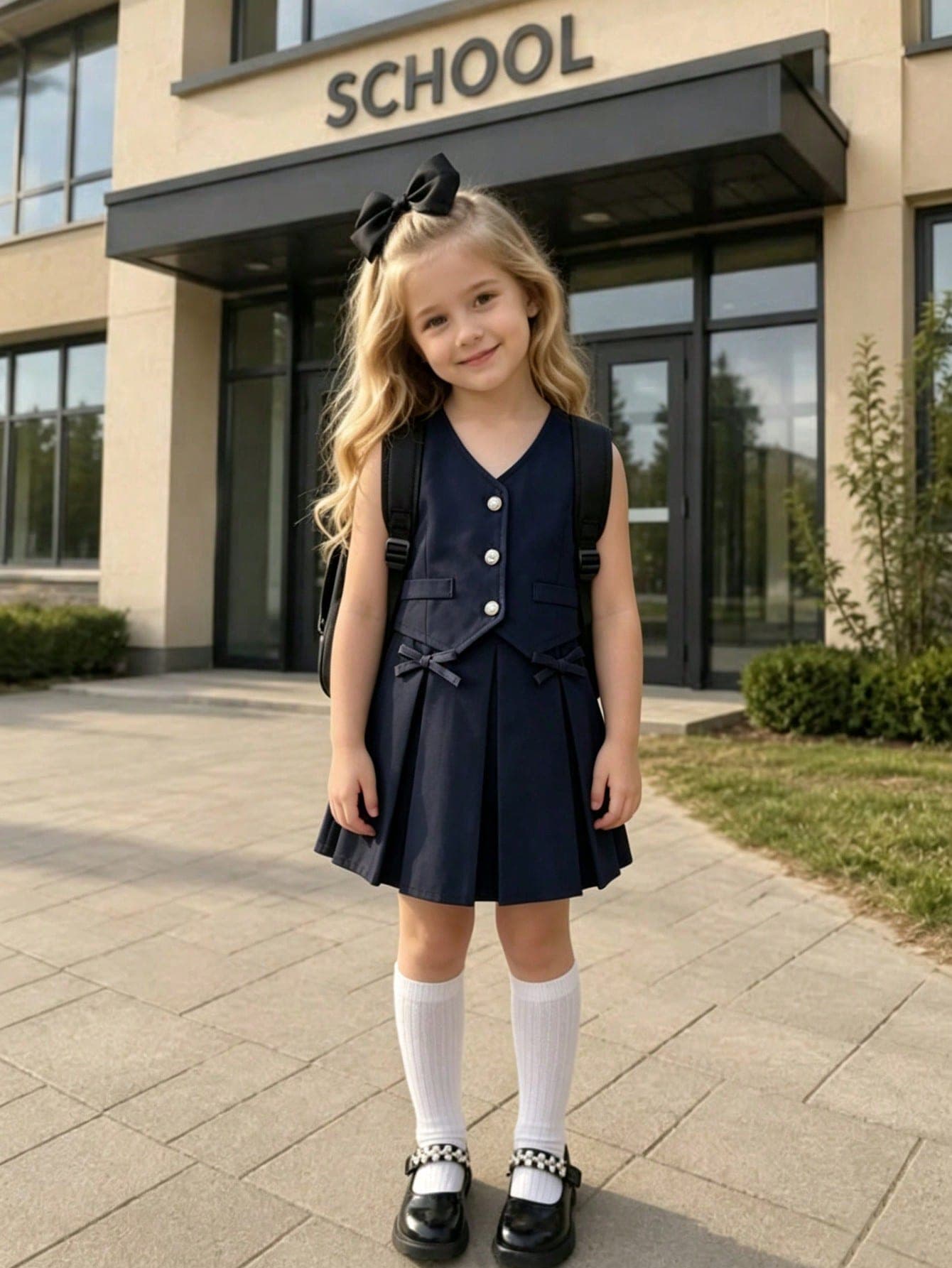 SHEIN Elladie kids Young Girl Vintage Suit Vest Jacket And Pleated Skirt 2-Piece Set, Design-Driven Commuter Casual Elegant