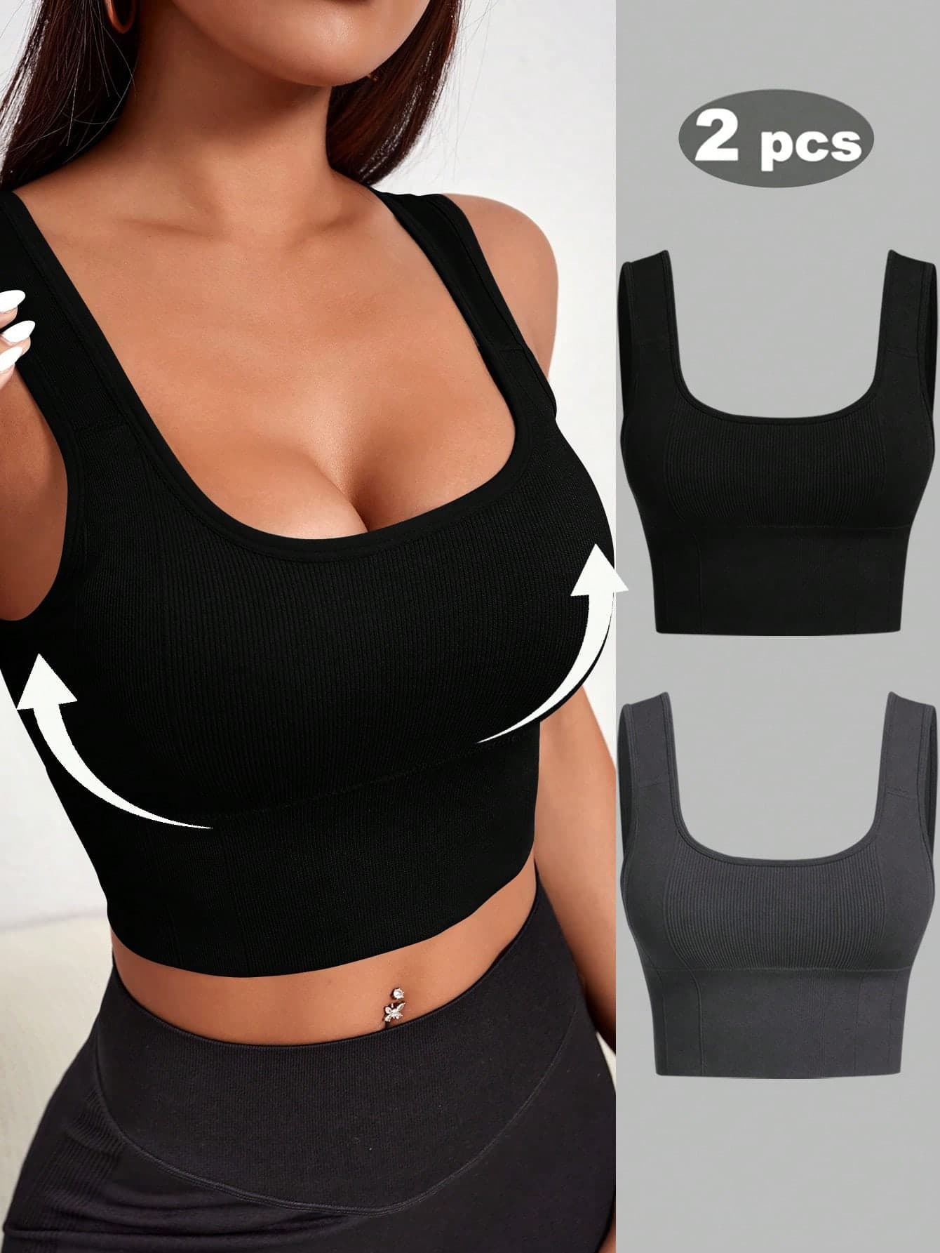 SHEIN Velisys 2pcs/Set Regular Bra + Ribbed Design/Basic Style/Black + Dark Gray/Sports Bra/Fitness/Yoga Seamless