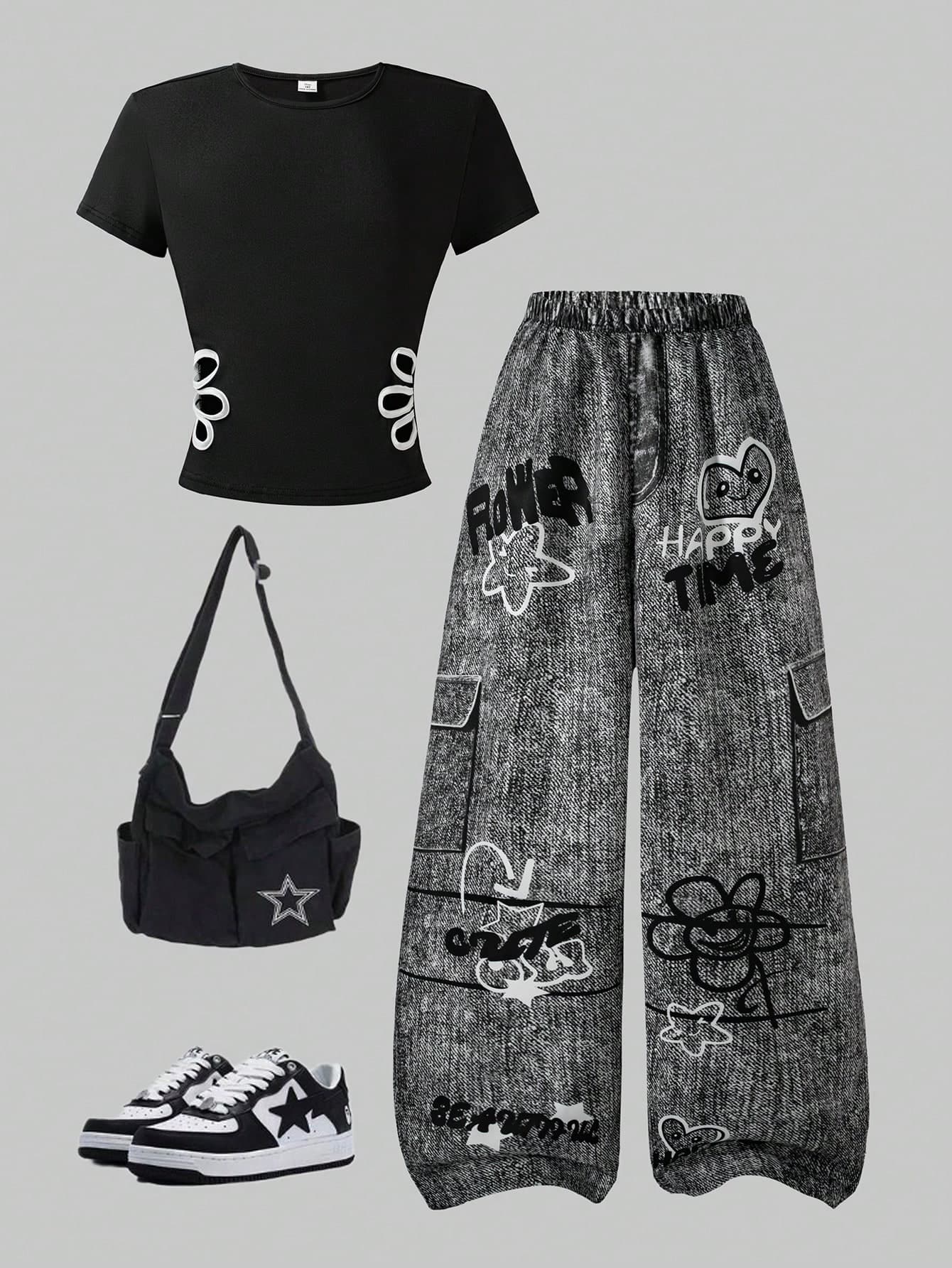 Sparklyn HYPEME Kids 2pcs/Set Teenage Summer Comfy Sports Fashion Floral Hollow Short Sleeve Top And Casual Pants Set