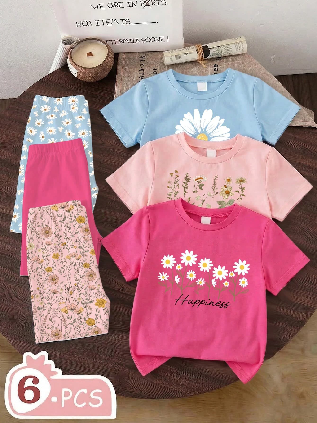 Elladie kids 6pcs/Set 4-7 Years Old Girls Floral Print Short Sleeve T-Shirt+Pants Light Pink,Summer Lightweight Casual Comfortable Outfit For Birthday Party,School